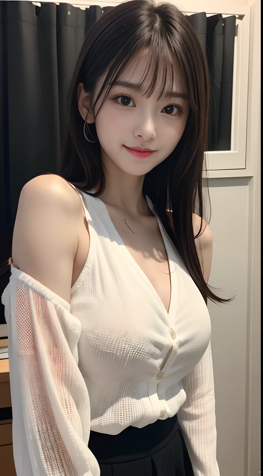 White see-through blouse,Face Interview, (Photo Real:1.4), (hyper realisitic:1.4), (realisitic:1.3), (Smooth lighting:1.05), (Improve video lighting quality:0.9), 1womanl, a 20 yo woman, Realistic lighting, Back lighting, Facial light, raytrace, (cheerfulness:1.2), (Improved image quality:1.4), (Finest Real Textured Skins), finely eye, a small face, Red cheeks, skinny body, medium-breasted pointed jaws,,,,,,,, Japan idol system, Nogizaka Idol, glowy skin, hposing Gravure Idol, P, Blunt bangs, Black hair, hair behind ear, hair over shoulder, Long hair,Tear bag,no-makeup、
