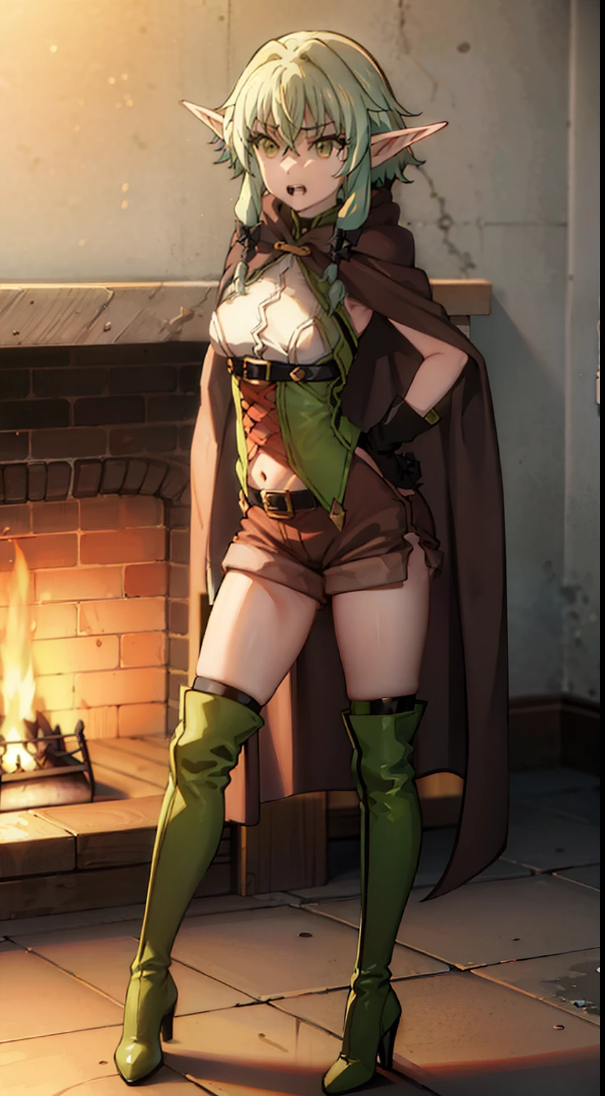 (Female ranger), beatiful girl, thin girl, thin waist, small breast, slender legs, gap between thighs, leather armor, leather gloves, green hood, short dress, (green dress), (showing her Panties), white panties, (cameltoe), cowboy shot ,medieval fantasy, D&D, RPG, best quality, masterpiece, ultra-realistic, 8k