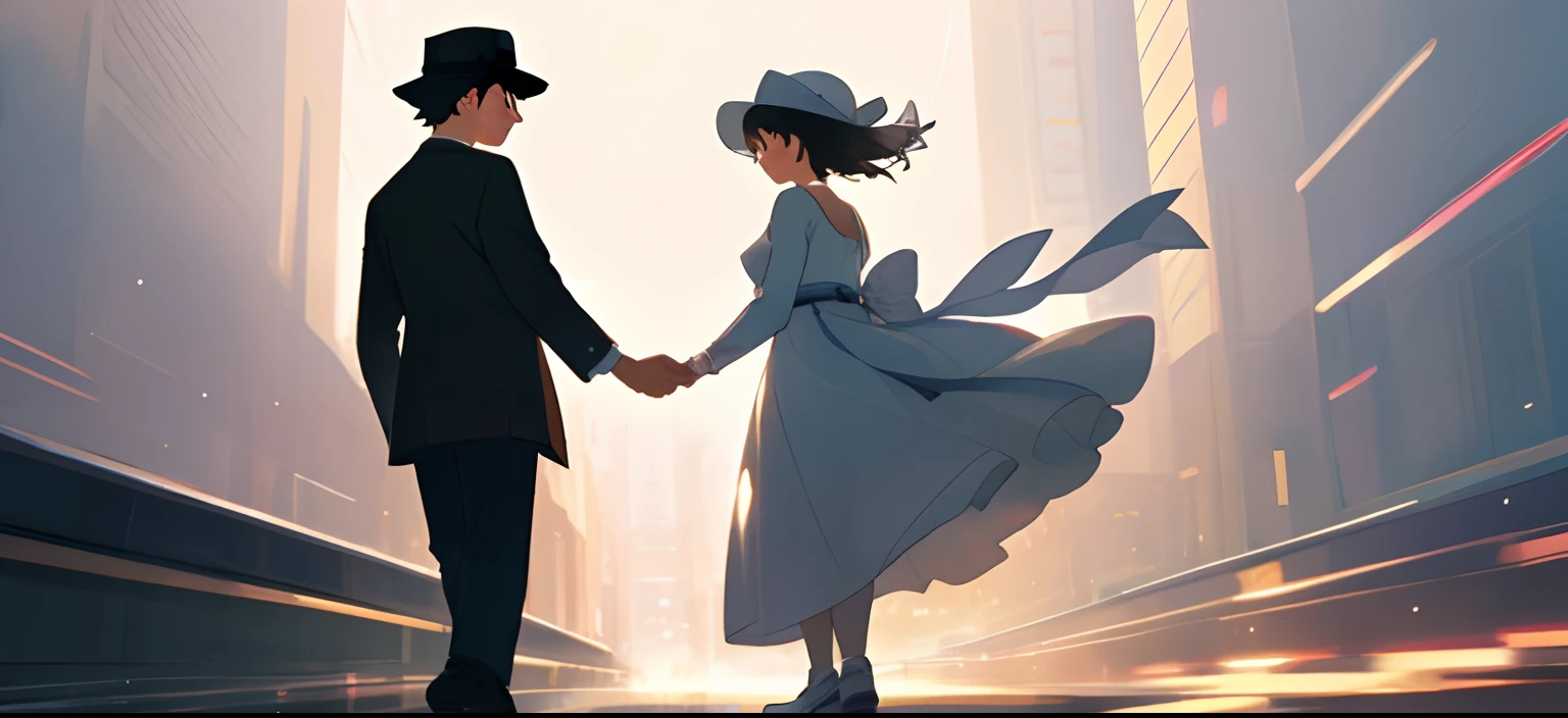 to jump、Man and woman holding hands、Put on a hat、Rear view