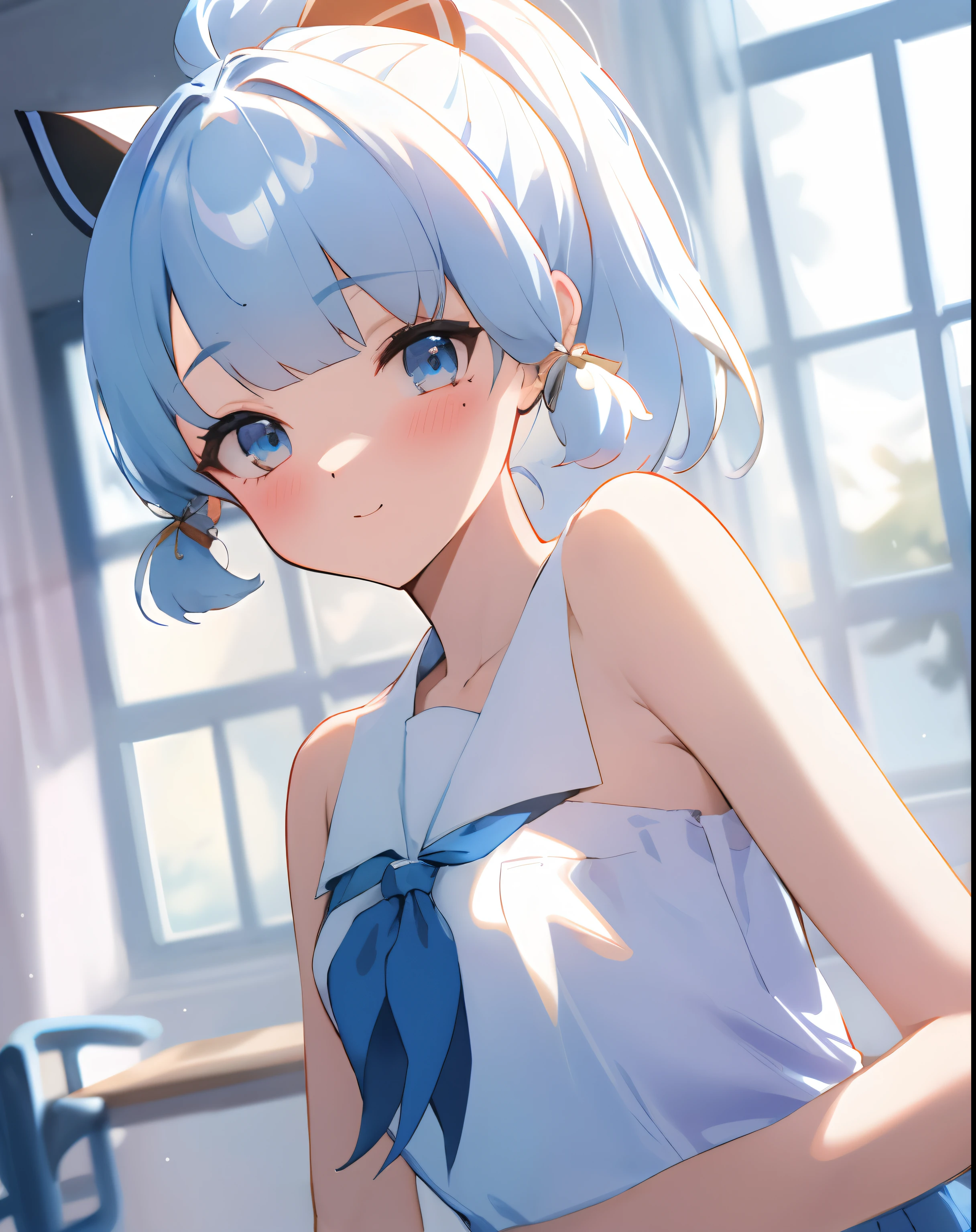 ((tmasterpiece,best qualityer)),1girll,独奏, hyper detail eyes,The upper part of the body,Light blue school uniform,exposed bare shoulders,Playful and cute