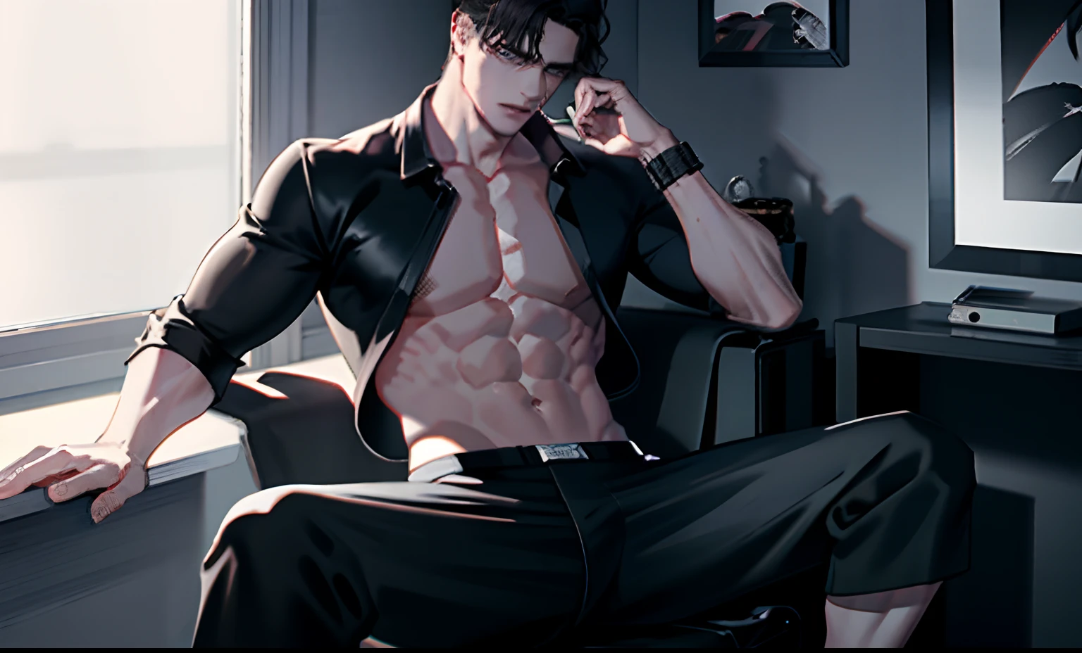 1 male, solo, full view, full body, handsome face, short hair (white), hot boy face, bad boy face, muscular, 8 pack abs,Transparent pants, revealing underwear (black),black boxers. sweating all over the body. 8k ultra,4k HD