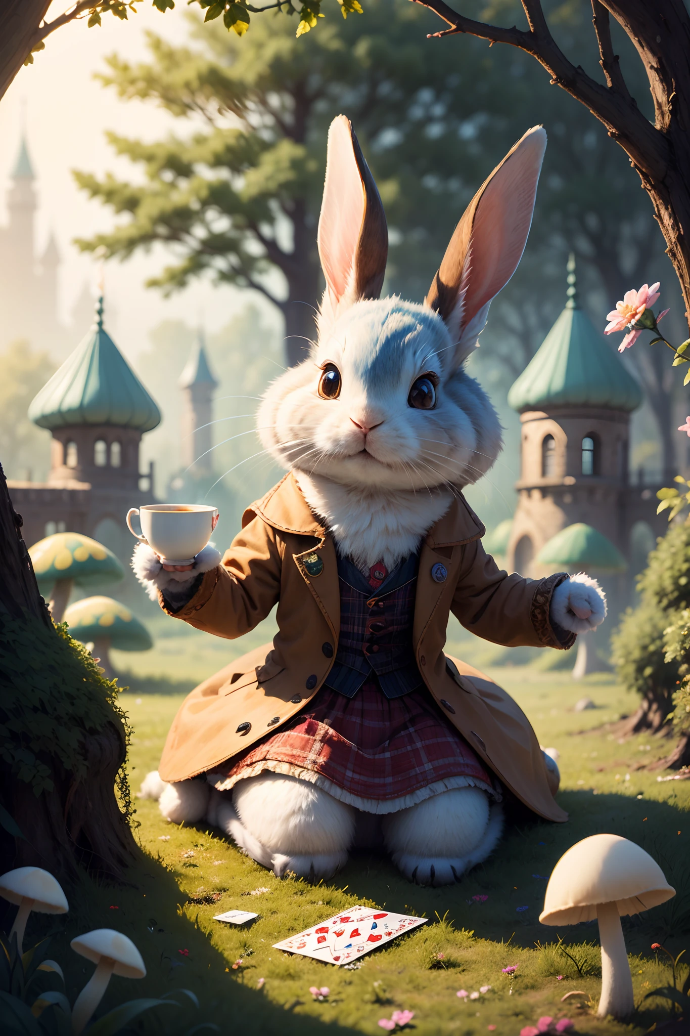 Best quality,4K,8K,A high resolution,Masterpiece:1.2,Ultra-detailed,Realistic:1.37,in wonderland,illustration,colorful landscapes,Rabbit hole,an enchanted forest,magic mushrooms,Curious Alice,Image in dreams,Whimsical characters,Break into a crazy tea party,Floating playing cards,Castle of the Queen of Hearts,Caterpillar on a mushroom smoking hookah,Curious creatures hiding in the bushes,Cheshire cat's mischievous smile,Dancing flowers and talking animals,Sense of painting,Surreal,imagination,Renaissance inspiration,Soft and warm color palette,dreamatic lighting