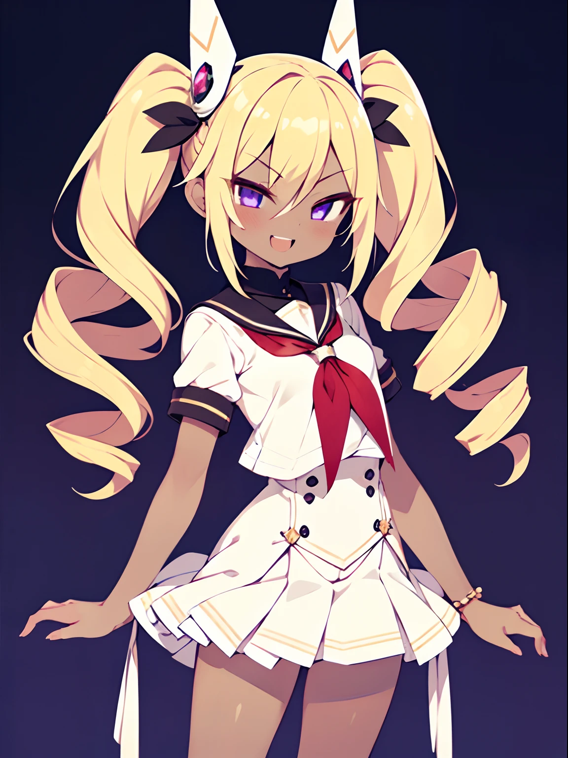 character sheet, Highly detailed and realistic CG, Colorful, Masterpiece, Best Quality, jewel-like eyes, 1girl, solo, blond hair, shiny hair, long twintails, drill hair, slender, skinny legs, white school uniform, layered skirt, luxury boots, violet eyes, small breasts, wavy hand, smirk, smile, jitome, half-closed eyes, standing, contrapposto, tsurime, monochrome background, open mouth, from pov, best quality eyes, upper teeth, tsundere, stylish pose, (dark skin:1.2), headdress,
