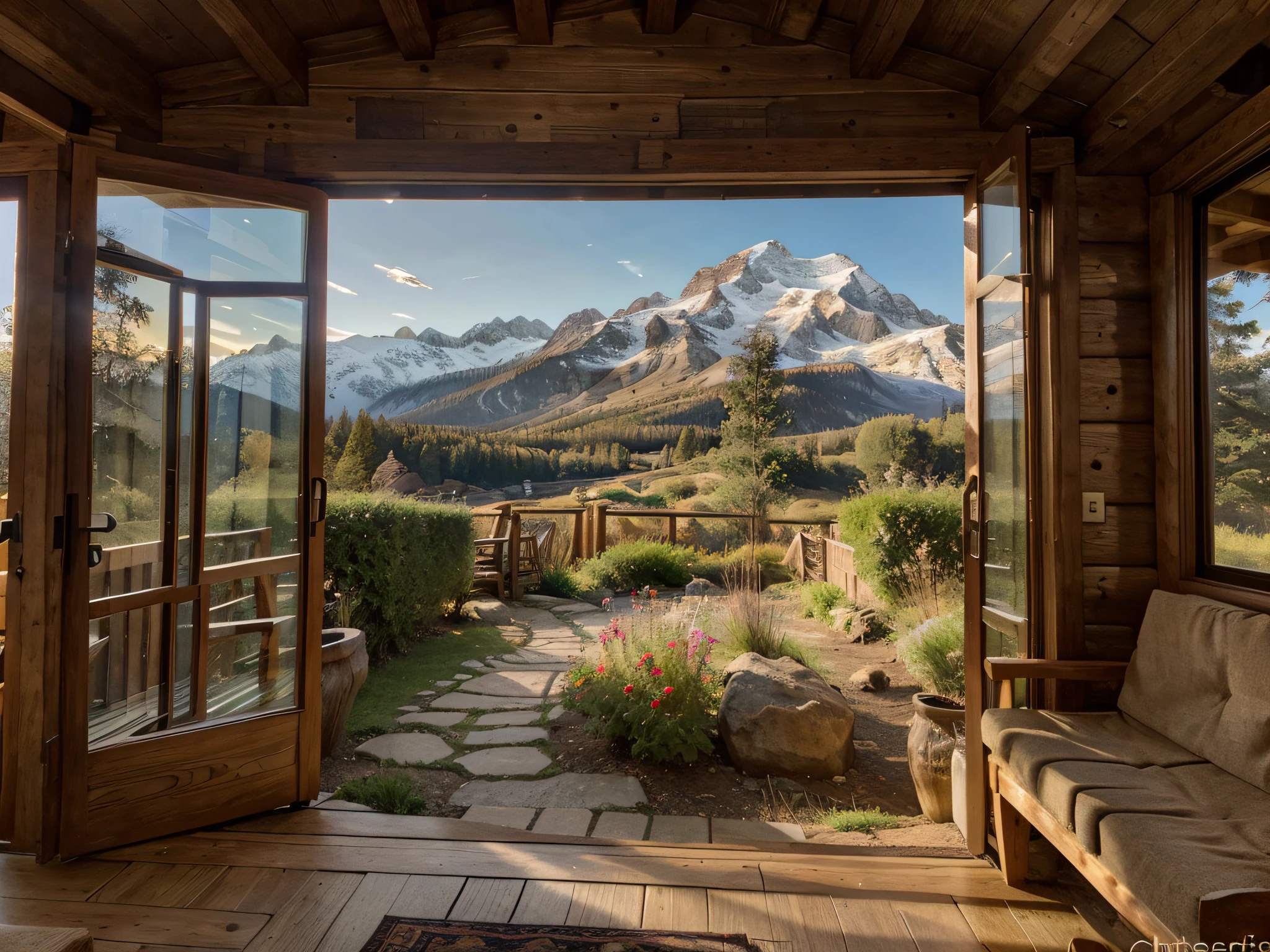 A cozy, rustic mountain cabin surrounded by towering evergreen trees and snow-capped peaks. The cabin is made of weathered wood, giving it a charming and vintage feel. The windows of the cabin are framed with delicate lace curtains, allowing soft natural light to filter through. Smoke gently rises from the chimney, indicating a warm fire crackling inside.
In front of the cabin, a stone pathway meanders through a vibrant garden filled with colorful wildflowers. Birds chirp merrily, adding to the serene ambiance. A wooden swing hangs from a sturdy tree branch, inviting visitors to relax and enjoy the peaceful surroundings.
The mountain range in the background is majestic, with its peaks disappearing into the clouds. The sky is painted with shades of pink and orange as the sun sets, casting a warm glow over the landscape. The air is crisp and fresh, and the scent of pine lingers in the breeze.
The image quality is of the highest standard, with 4k resolution and ultra-detailed elements. The scene is realistic and photorealistic, capturing every intricate detail of the cabin and its surroundings. The art style for this scene is a combination of landscape photography and concept art, blending natural beauty with artistic creativity.
The color palette is dominated by earthy tones, with deep greens and warm browns representing the natural elements. The sunlight adds a touch of warmth with its golden hues, while the flowers bring pops of vibrant colors. The overall lighting is soft and natural, illuminating the scene in a gentle and flattering manner.