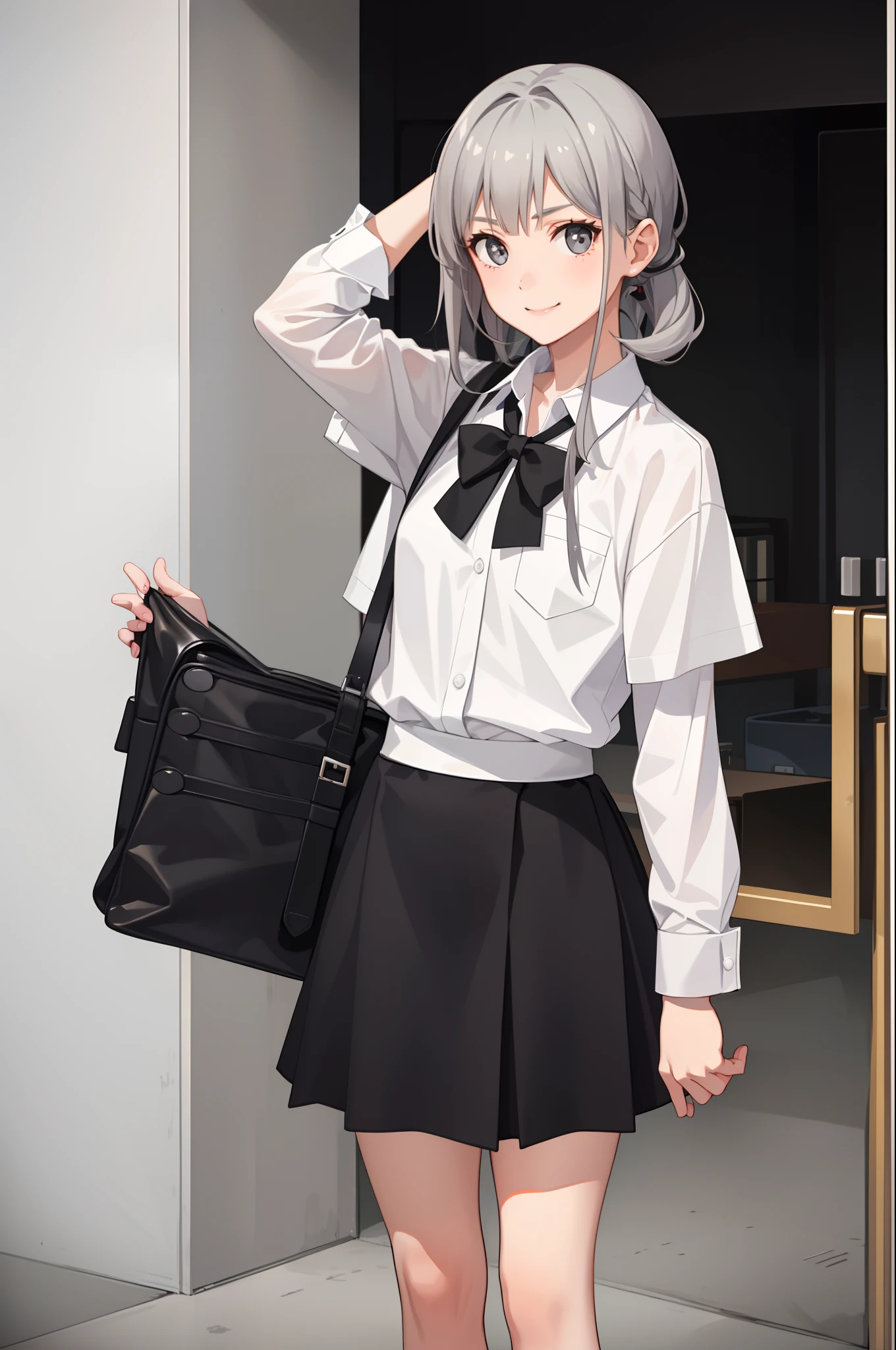 1 girl, smile, shirt, skirt, (small) chilarism, gray hair,
