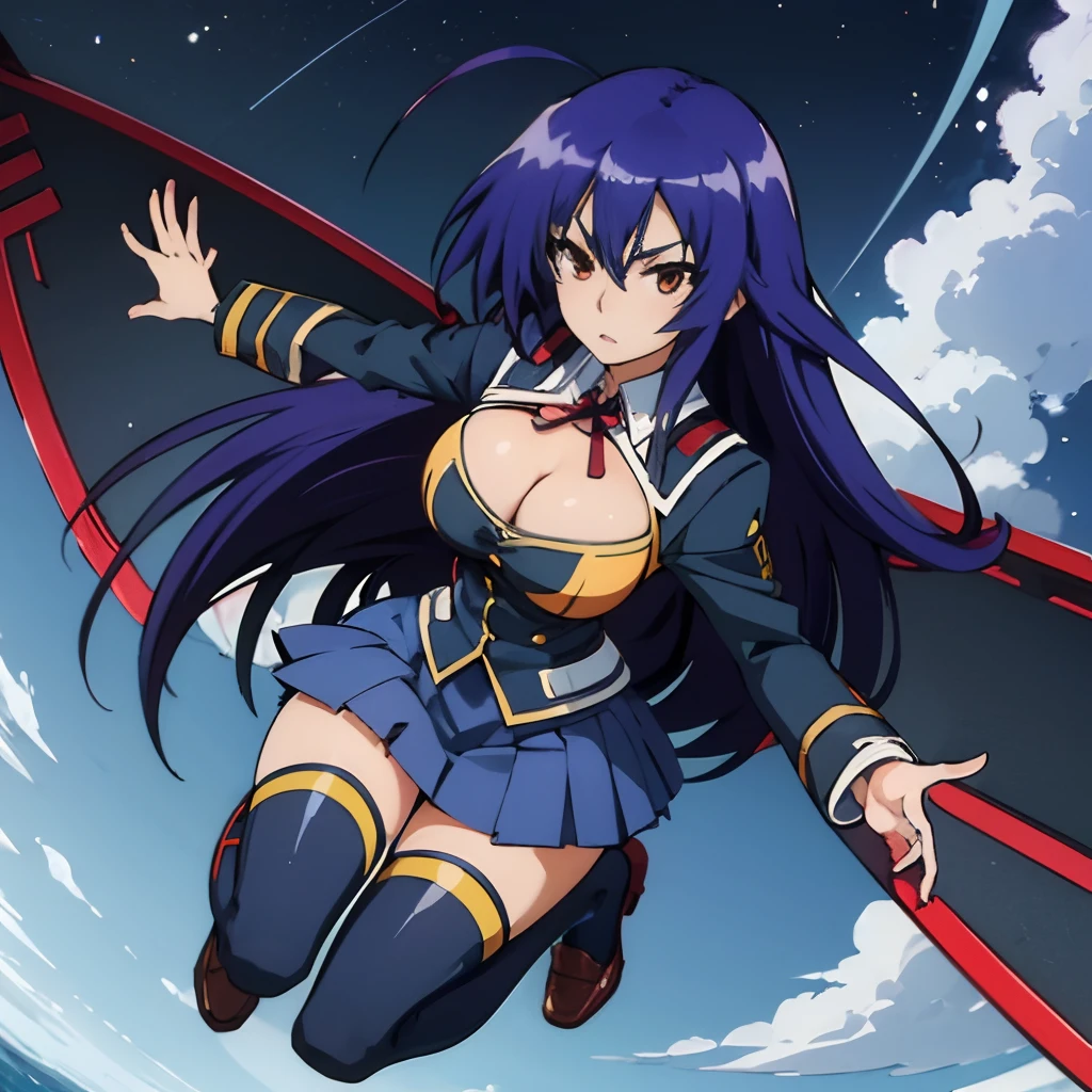 kurokami medaka, red eyes, blue hair, long hair, ahoge, large breasts school uniform, cleavage cutout, clothing cutout, sky-blue pleated skirt, thighhighs, palm outstretched, blue-loafer shoes with yellow cross-icon,