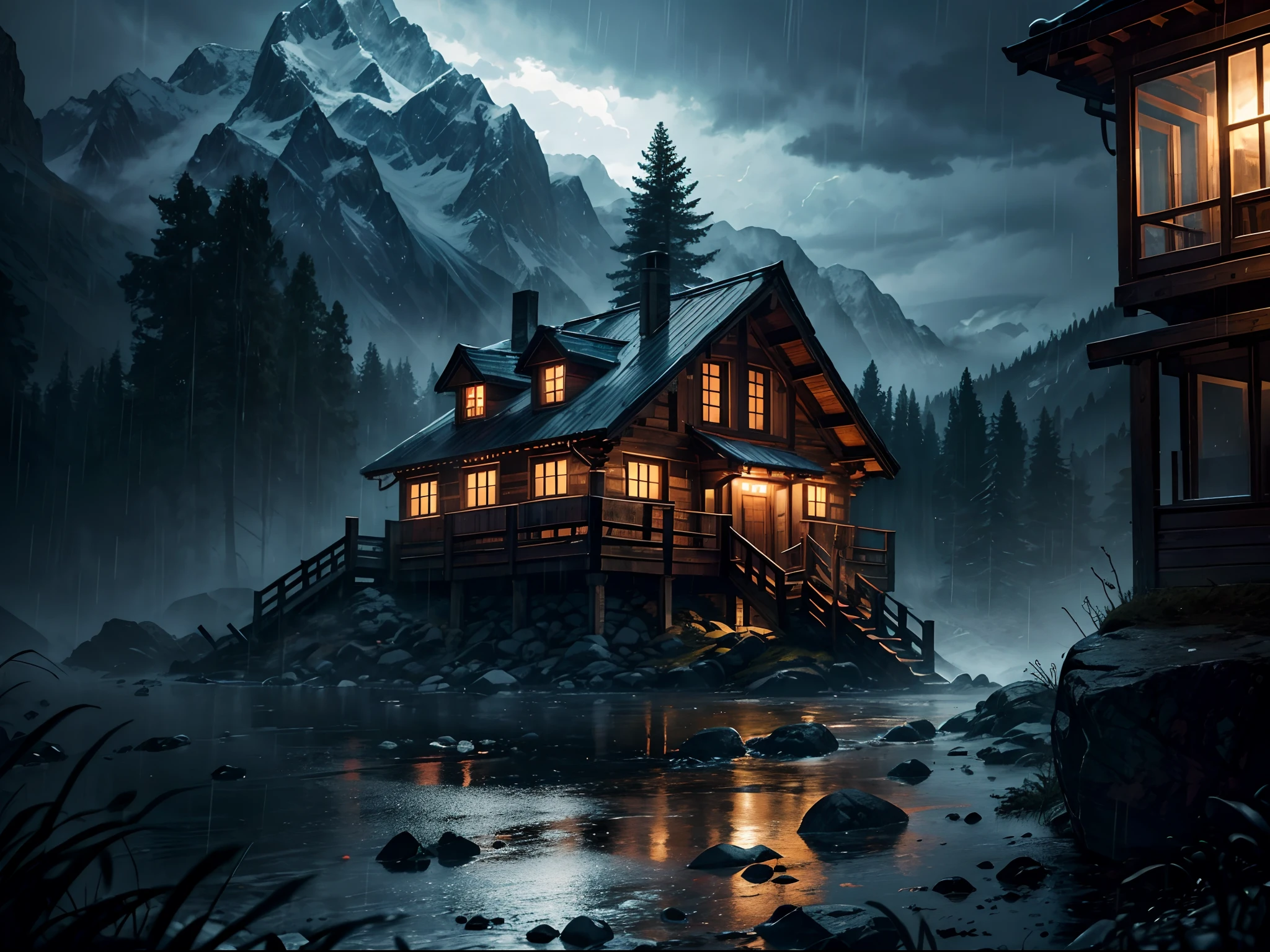 (8K, 16 K, Award-winning, Highest Quality, High resolution, Intricately detailed, Highly detailed),Mountain hut isolated by a storm, Lightning, thunderstorm, Night, Heavy rain, Rain and wind hitting the glass window, blackout, Horror movie, Real rain, darkness, No electricity, Suspicious person, Panic Thriller, Movie Lighting, Movies Cinematic atmosphere , Reenactment of a mystery novel, Misery