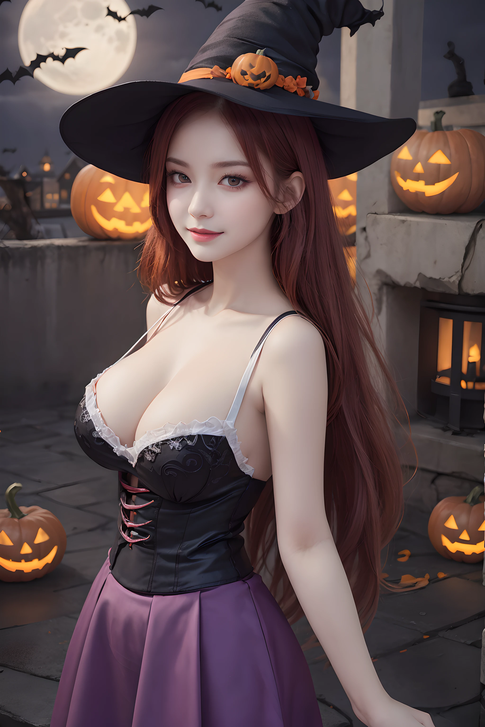 (Halloween theme:1.5), (fantasy:1.5), upper body portrait of a tall very busty beautiful women wearing halloween witch costume, skin tight full lacy ultra detailed embroidery Dirndl, (fusion of orange Dirndl and satin aodai:1.2), (purple skirt:1.3), BREAK, ((;D1.3, evil smile:1.2)), perfect face,perfect eyes,HD details,high details,sharp focus,studio photo,HD makeup,shimmery makeup,celebrity makeup,(( centered image)) (HD render)Studio portrait,magic, magical, fantasy,(huge breast)(large breast), halloween house, jack-o' challenge, pink hair, halloween background, bright pumpkin, (arms down),(arms behind),(moon light:1.3),