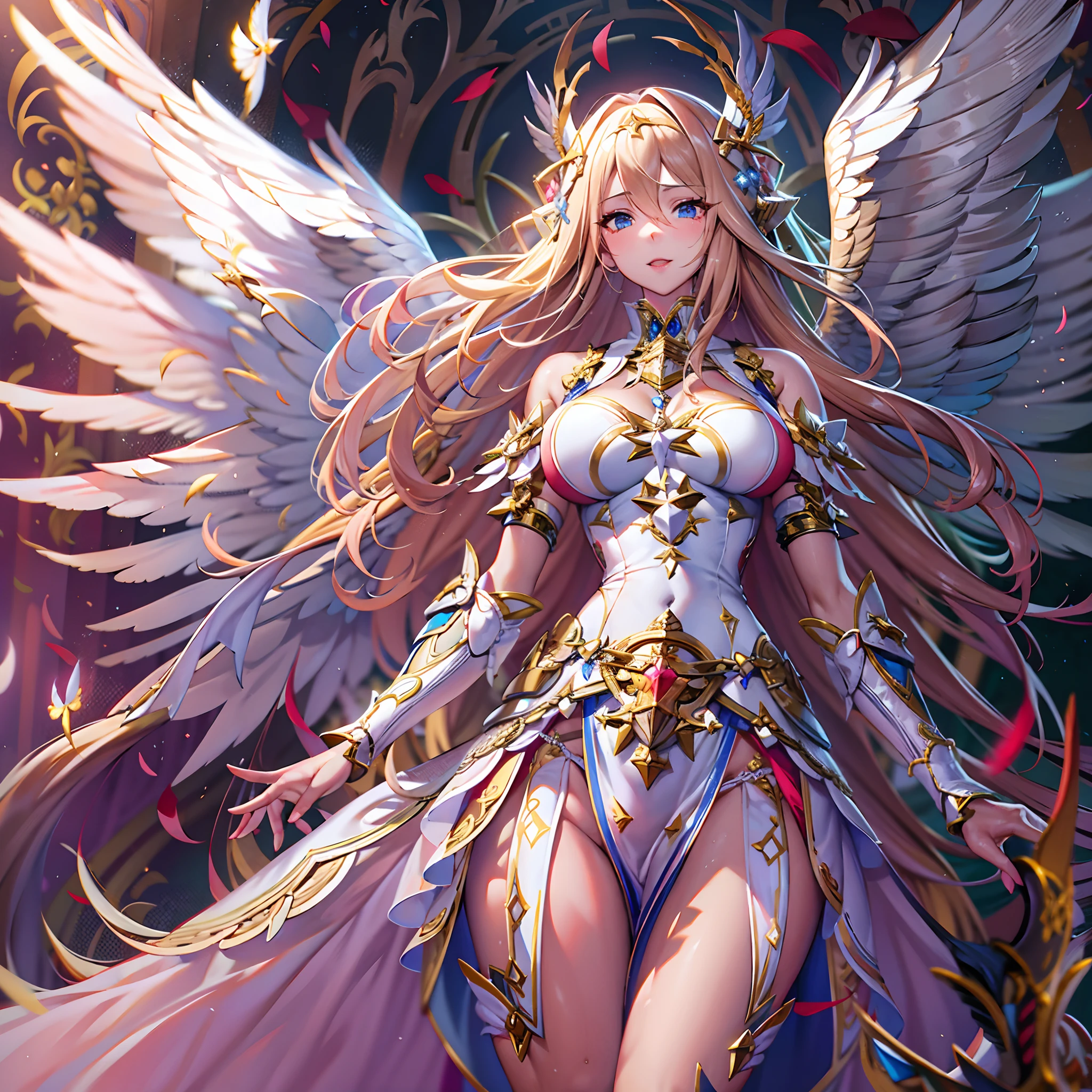Quality over 8K, a female angel,Sexy,Long Blonde Hair,Anime,Goddess,Symmetrical blue eyes,Ultra detailed eyes,Transparent lingerie,forest,Sword,golden wings,Full body,hyperdetailed lips, hyperdetailed face, Double eyelids, Ultra Detailed feet,で,Beautiful legs,Tight boots,Full Leg Priestess、valkyrie、Angel wings、a navel、sideboob barbosa、with an intricate、Particles of light、thighs thighs thighs thighs、shinny skin、Perfect litthing、1girl in、looking at the viewers、Winged headgear、pelvis curtain、A smile、(​masterpiece)、(top-quality)、Very gigantic-breasts、maternal、Porcelain Skin、honey blonde hair、Very long hair、hair wavy(valkyrie,Paladin:0.6),Angel wings,with an intricate, Perfect Lighting,  Looking at Viewer,(masutepiece), (Best Quality)(valkyrie,Paladin:0.6),Angel wings,with an intricate, Perfect Lighting,  Looking at Viewer,(masutepiece), (Best Quality)(ValkyrieArmor:0.5),(Winged headgear:1.1),School Girl,,with an intricate, Perfect Lighting, 1girl in, Ponytail, Looking at Viewer, Smile, snulight,creek,blazing(masutepiece), (Best Quality),thighs thighs thighs thighs 、a beauty girl，red color mecha，As graceful as a swan，Enchanting，Long grey hair，Red body，Fluorescence line，White hands，lab room，FutureTech，Red indicator light on the body，Full body photo，standing on your feet，dreamy scene，，dyna，super detailing，Cell shade，8K detail post-processing，magnifica，hyperphotorealism，8K，epic composition，intricate-detail，unrealengine，Flying，Laser Cannon，Holy Angel Mecha，Mechanical exoskeleton，whaite hair，golden pupils，flower  sea，Eventide，Angel Maiden，Angel wings，White long skirt，war，Top quality combat stance, 4K, masutepiece :1.3), short petite pretty woman, Blue-haired、Curly hair、length hair、Colossal tits、 Ultra-detailed face、maid clothes、Detailed eyes, sluttish, Pose Seductive,  Smooth skin, (huge-breasted), Round breasts、red blush。kawaii、Shy、1 Crying face、nightcity、Sateen、Kimono without sleeves、A dark-haired、Holding a weapon with blood on it、Looking at the camera、Cherry blossoms are d