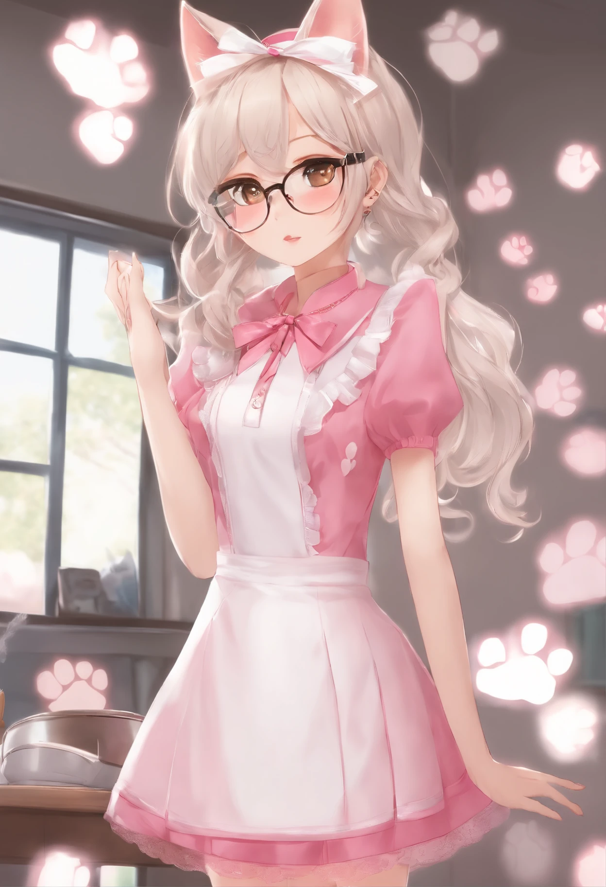 Has cat ears
Gold-rimmed half-rimmed glasses
Dyed silver waist-length hair
Pink collar with bell and cat's paw print
A miniskirt maid outfit in a one-piece pink and white color
White stockings with cat's paw prints
Girl with dark mid-heeled shoes