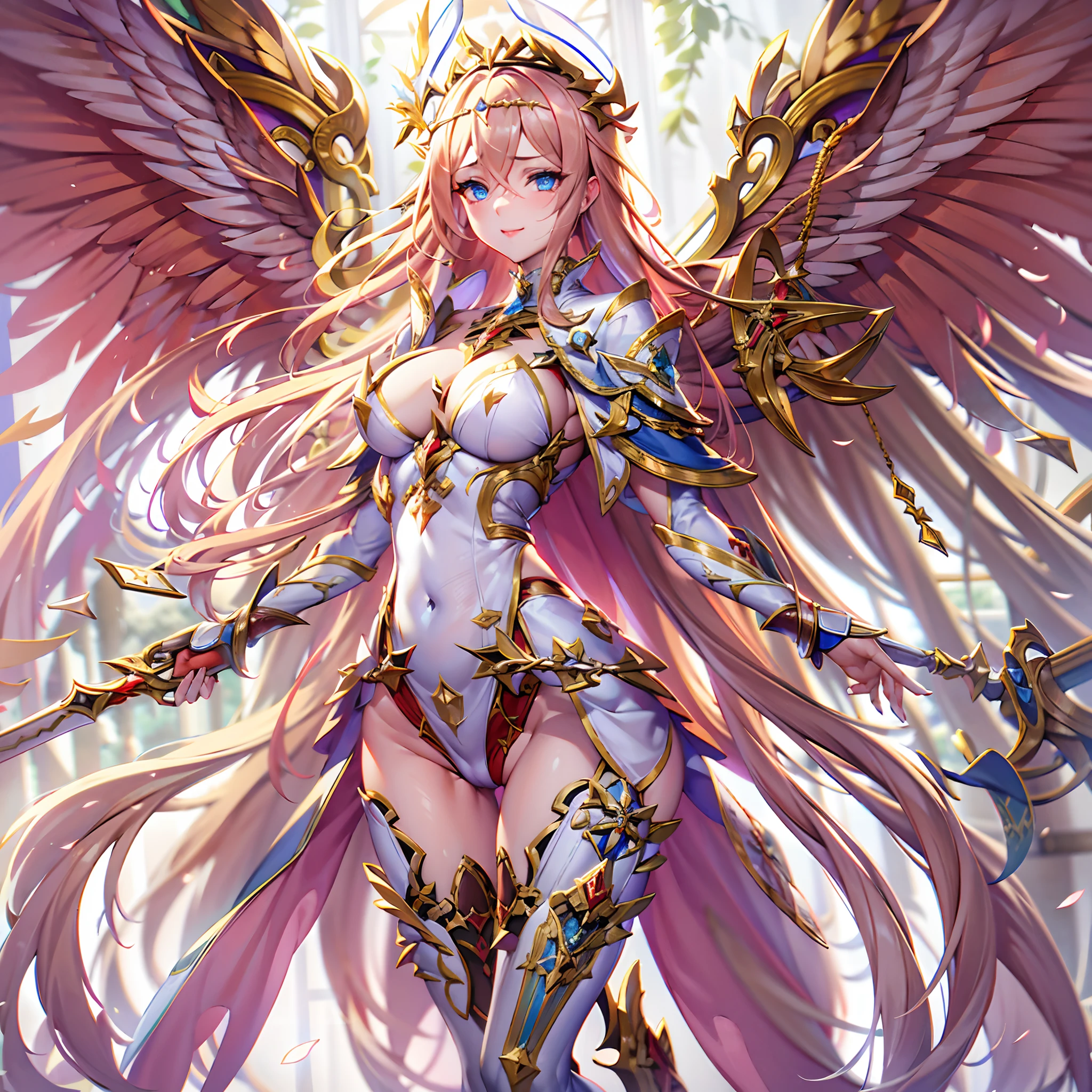 Quality over 8K, a female angel,Sexy,Long Blonde Hair,Anime,Goddess,Symmetrical blue eyes,Ultra detailed eyes,Transparent lingerie,forest,Sword,golden wings,Full body,hyperdetailed lips, hyperdetailed face, Double eyelids, Ultra Detailed feet,で,Beautiful legs,Tight boots,Full Leg Priestess、valkyrie、Angel wings、a navel、sideboob barbosa、with an intricate、Particles of light、thighs thighs thighs thighs、shinny skin、Perfect litthing、1girl in、looking at the viewers、Winged headgear、pelvis curtain、A smile、(masterpiece)、(top-quality)、Very gigantic-breasts、maternal、Porcelain Skin、honey blonde hair、Very long hair、hair wavy(valkyrie,Paladin:0.6),Angel wings,with an intricate, Perfect Lighting, Looking at Viewer,(masutepiece), (Best Quality)(valkyrie,Paladin:0.6),Angel wings,with an intricate, Perfect Lighting, Looking at Viewer,(masutepiece), (Best Quality)(ValkyrieArmor:0.5),(Winged headgear:1.1),School Girl,,with an intricate, Perfect Lighting, 1girl in, Ponytail, Looking at Viewer, Smile, snulight,creek,blazing(masutepiece), (Best Quality),thighs thighs thighs thighs 、a beauty girl,red color mecha,As graceful as a swan,Enchanting,Long grey hair,Red body,Fluorescence line,White hands,lab room,FutureTech,Red indicator light on the body,Full body photo,standing on your feet,dreamy scene,,dyna,super detailing,Cell shade,8K detail post-processing,magnifica,hyperphotorealism,8K,epic composition,intricate-detail,unrealengine,Flying,Laser Cannon,Holy Angel Mecha,Mechanical exoskeleton,whaite hair,golden pupils,flower sea,Eventide,Angel Maiden,Angel wings,White long skirt,war,Top quality combat stance, 4K, masutepiece :1.3), short petite pretty woman, Blue-haired、Curly hair、length hair、Colossal tits、 Ultra-detailed face、maid clothes、Detailed eyes, sluttish, Pose Seductive, Smooth skin, (huge-breasted), Round breasts、red blush。kawaii、Shy、1 Crying face、nightcity、Sateen、Kimono without sleeves、A dark-haired、Holding a weapon with blood on it、Looking at the camera、Cherry blossoms are d