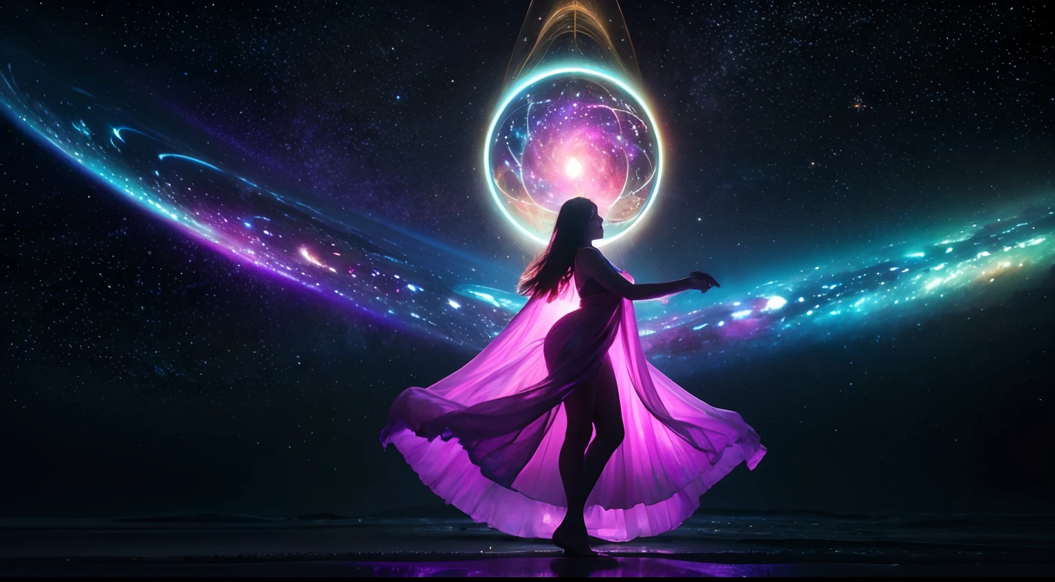 best quality,4k,highres,(realistic:1.37),(vivid colors:1.1),ultra-detailed,studio lighting,(physically-based rendering:1.1),bokeh,painting,concept artists,sci-fi,gazing into the abyss,galaxy background,cosmic dust,captivating colors,infinite depth,ethereal beings,dancing celestial bodies,dark matter mysteries,interstellar exploration,universe symphony,harmony in chaos,transcending reality,otherworldly melodies,cosmic vibrations,sublime beauty,timeless echoes,dreamlike universe,whispering galaxies,starry whispers,epic grandeur,limitless wonder,cosmic dance,numberless constellations,cosmos unveiled,mystical energy,celestial enchantment,universal resonance, mesmerizing spectacle,celestial harmony,magical dimensions