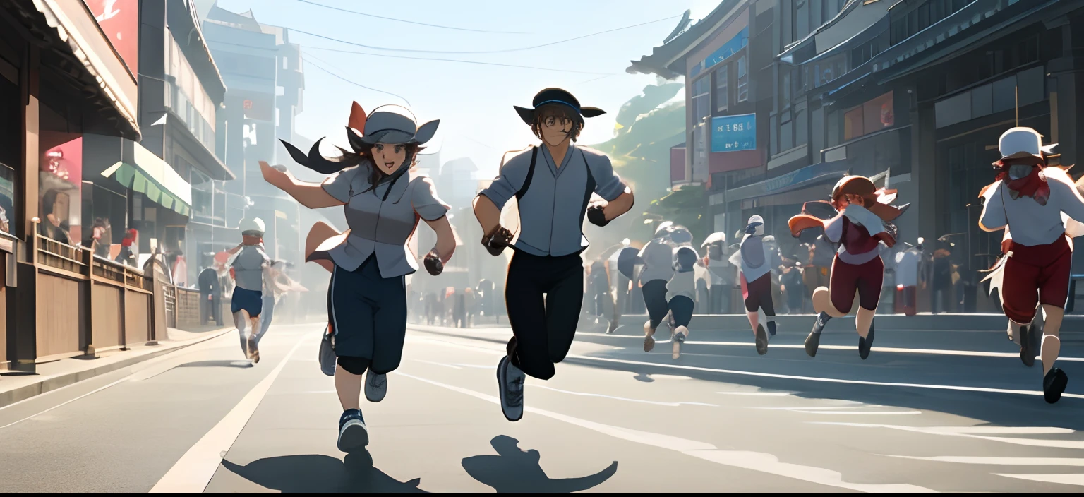 Men and women running、In the street、Hats