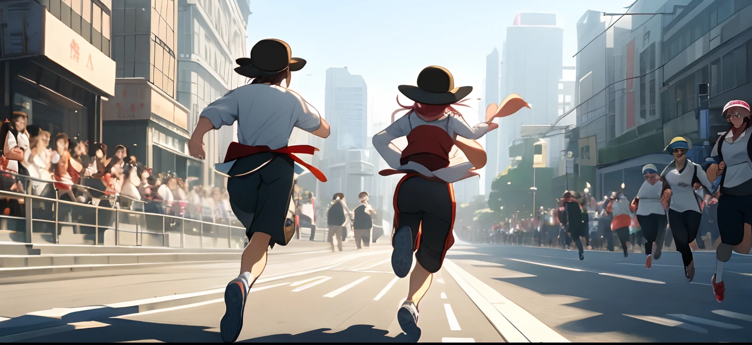 Men and women running、In the street、Hats