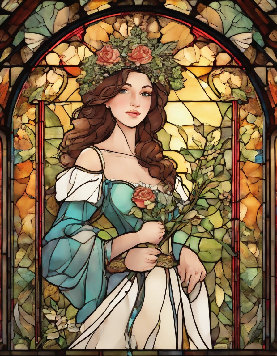 (best quality,4k,8k,highres,masterpiece:1.2),ultra-detailed,realistic,medieval style,woman:1.1,brunette hair,detailed eyes,long eyelashes,rosy cheeks,delicate features,holding a red rose in her hand,flowing dress,elaborate embroidery,moss-covered stone wall in the background,faint sunlight filtering through the trees,vibrant colors,soft and warm color tones,varied textures,crisp highlights and shadows,subtle and dramatic lighting contrast,impressive detailing on every element,impeccable craftsmanship.