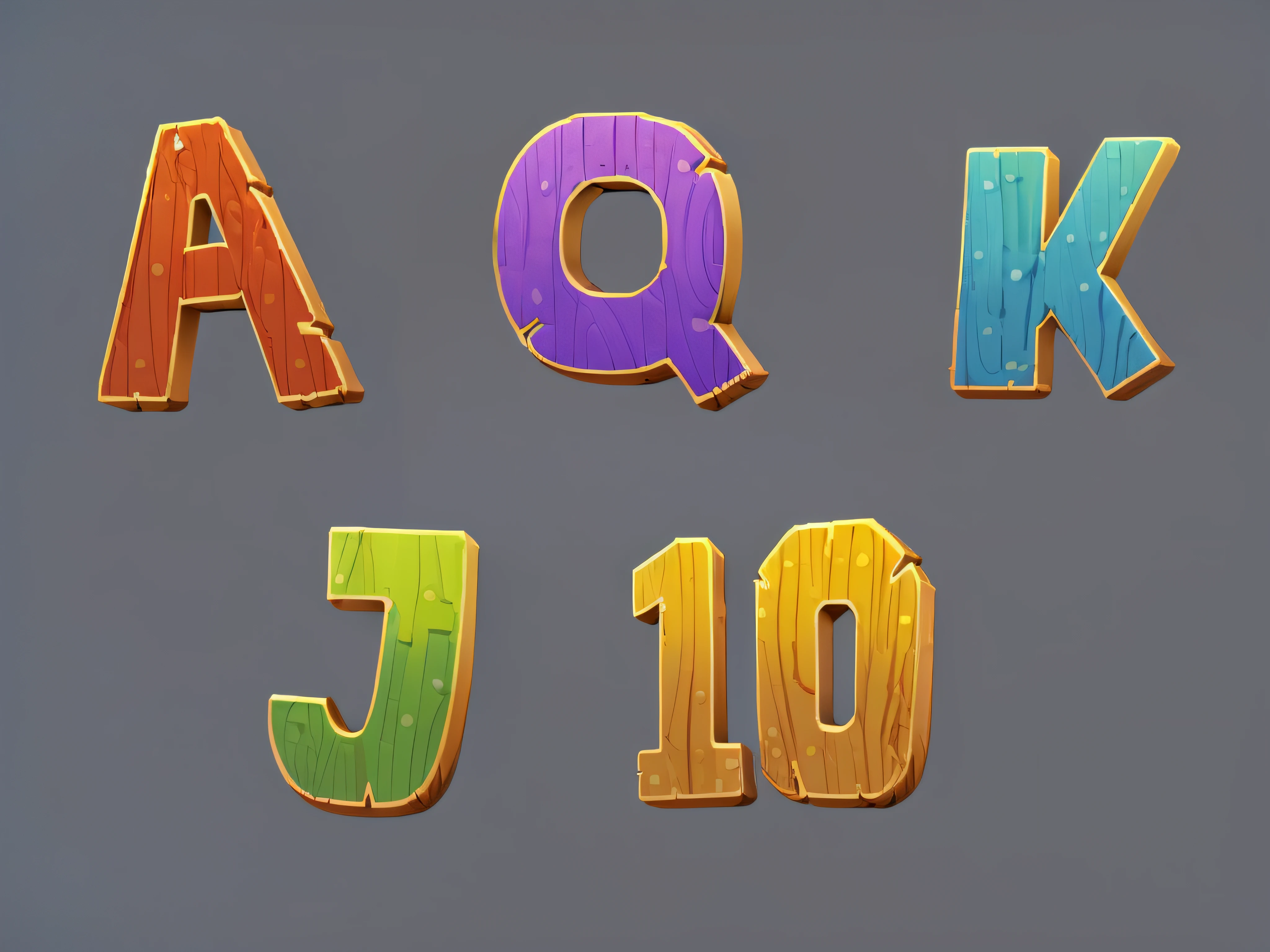 Close-up of a set of colorful wooden letters, Stylized game art, game assets, 3D game assets, funny jumbled letters, game icon asset, 3 d icon for mobile game, 3D game assets, game ui asset design, game assets, mobile game asset, Stylized hand drawn textures, letters, stylized shading, game icon stylized