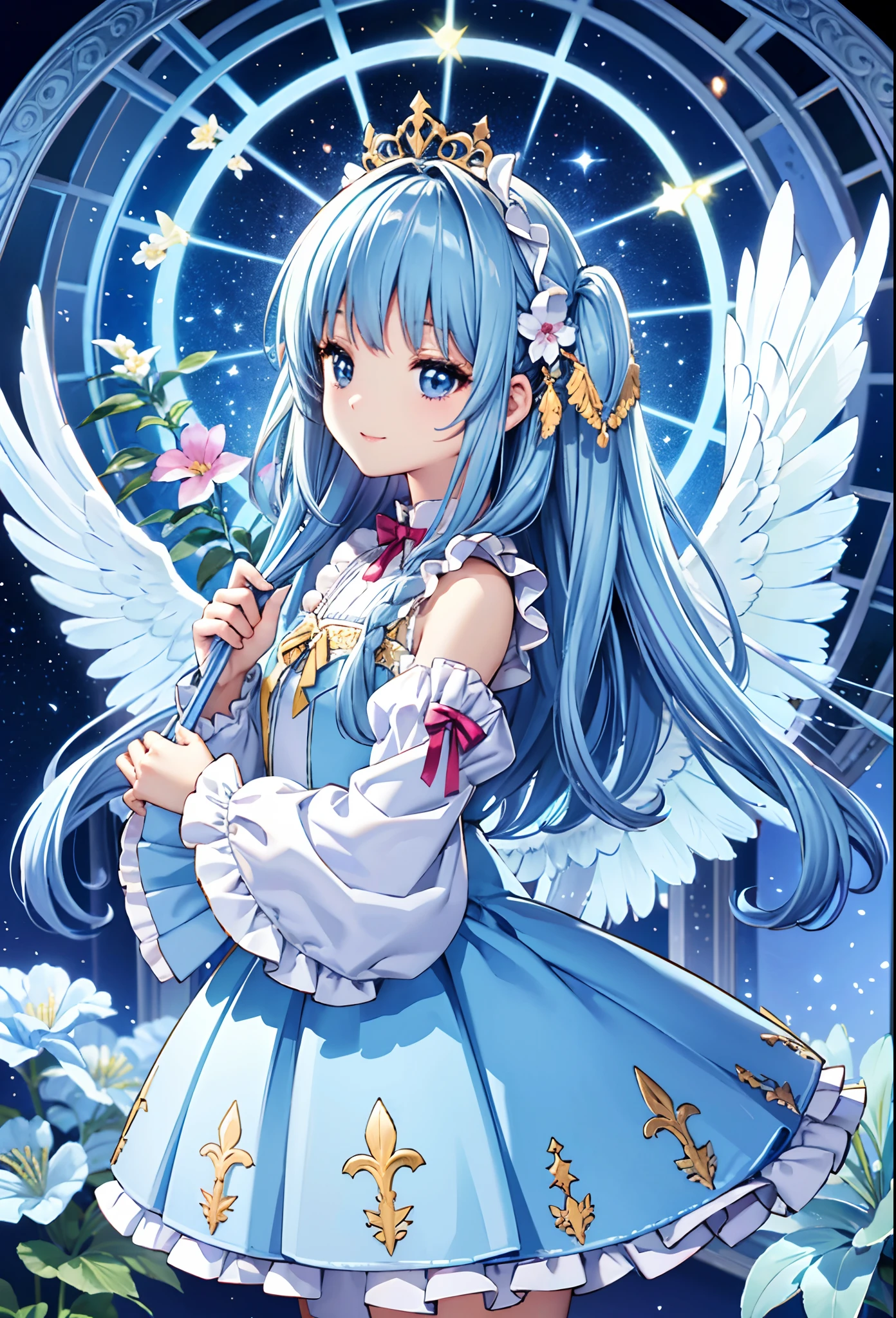 Angel wings shining in seven colors、Kawaii Girl、adorable smiling、Light blue long hair、Twin-tailed、Colorful angel costume in ta style with ruffles、A blizzard of fluttering flowers(Some photos)、((top-quality))、((​masterpiece))、(ighly detailed、highestdetailed、Official art、Beautifully Aesthetic:1.2)