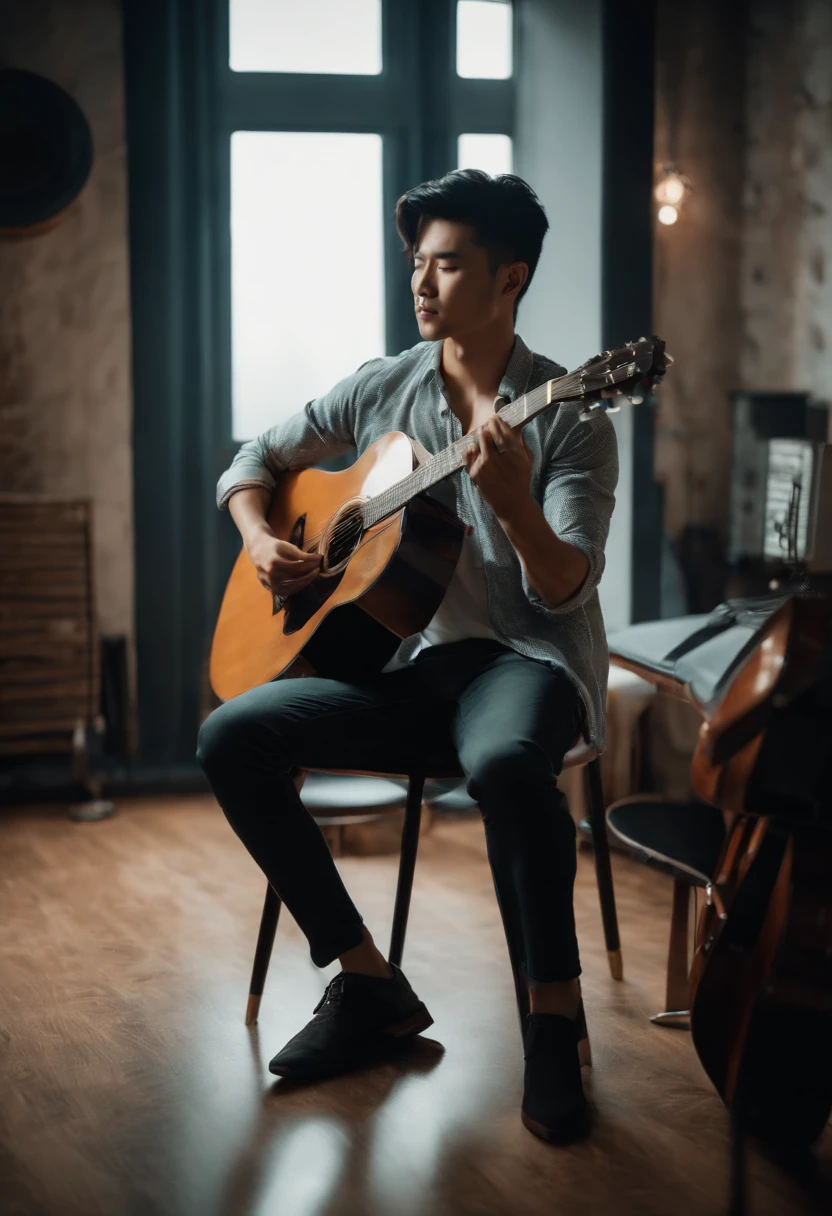 Cute asian sexy man with guiter sit on the chair and write a song studio room/moody tone / half body view