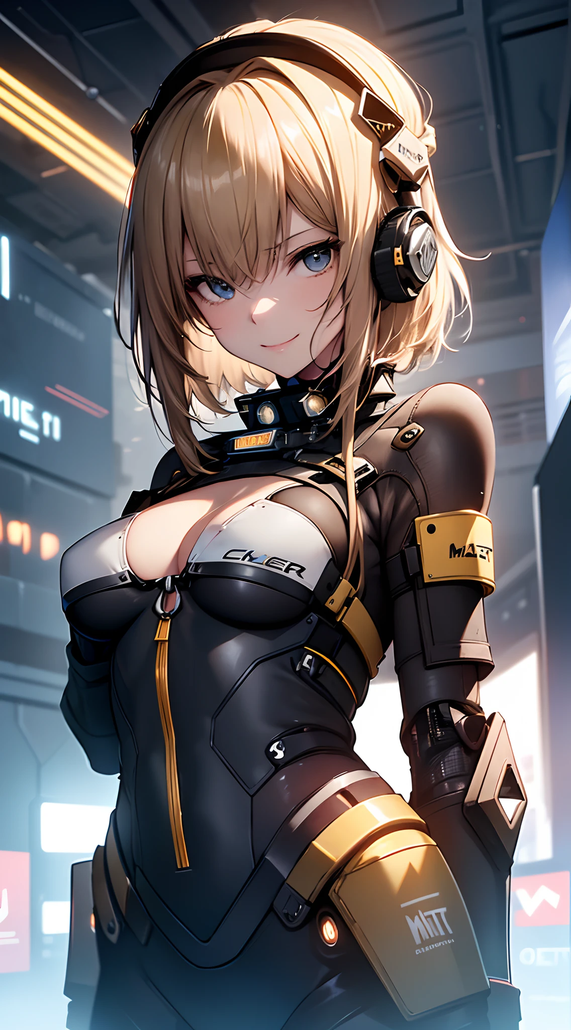 top-quality、１a person、in 8K、lineup,ultra-definition,Very dense, ((masuter piece:1.5)), ((High resolution)), ((Best Quality)), detail、Slender beautiful girl、 (A smile), (Pure black rubber suit)、 girl with,, (a blond, a short bob)、fair white skin、((small tits、small tits))cinmatic lighting, perfectly shaded,(((Cyberspace))), Realistic lighting with shades,