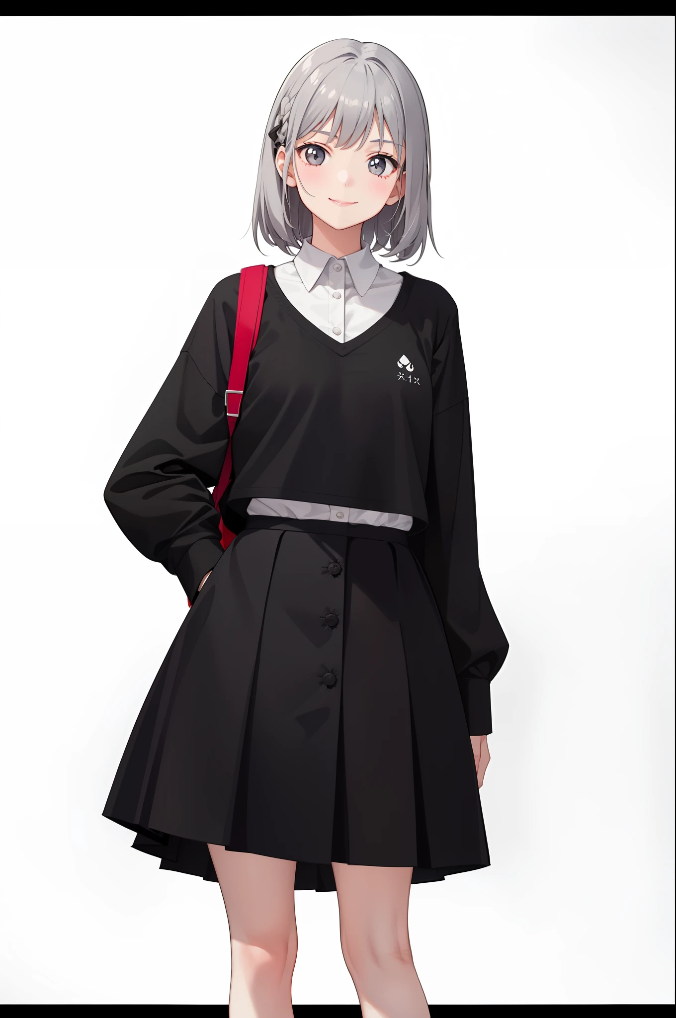 1 girl, smile, shirt, skirt, (small) chilarism, gray hair,