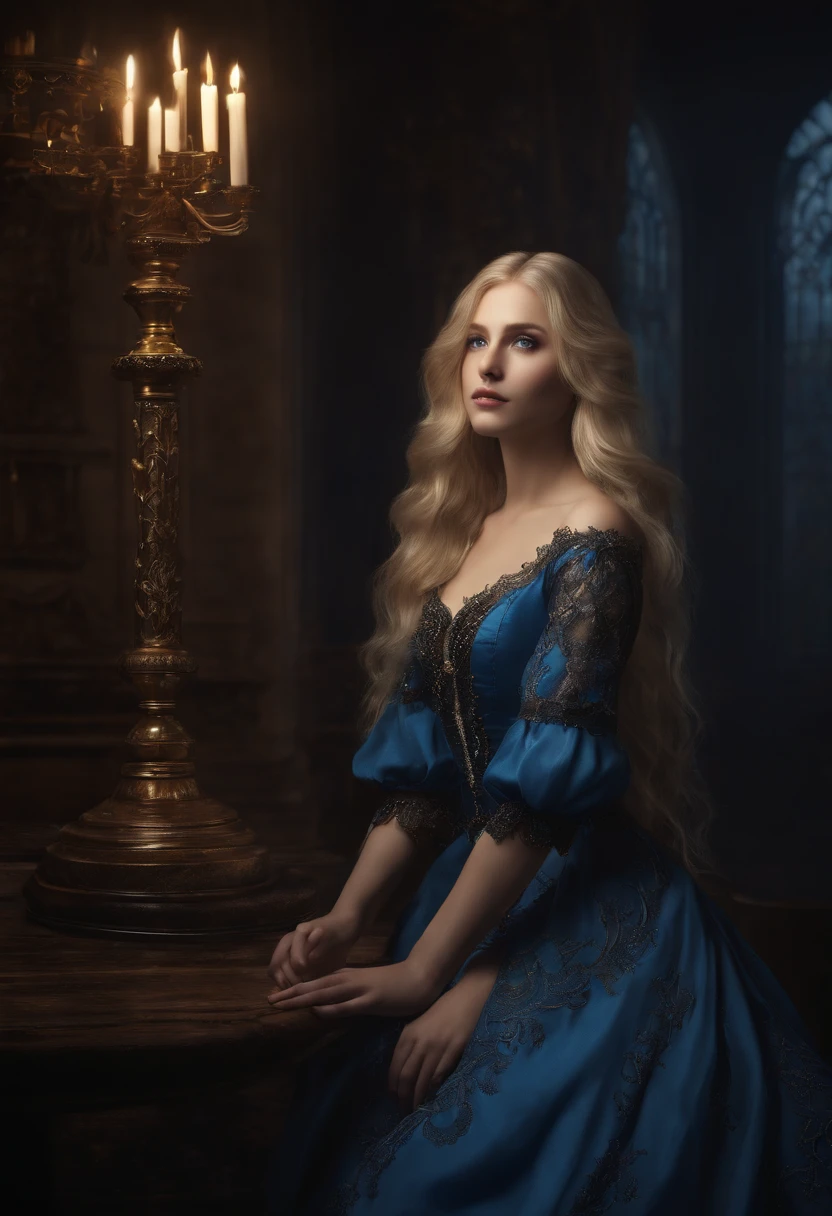 (extremely detailed CG unity 8k wallpaper,masterpiece, best quality, ultra-detailed),(best illumination, best shadow, an extremely delicate and beautiful),floating,high saturation,blonde hair+blue eyes:1.2,gloomy gothic scenery, long hair, gaze into the distance. (A beautiful girl with long blonde hair and blue eyes sparkling gothic lighting)