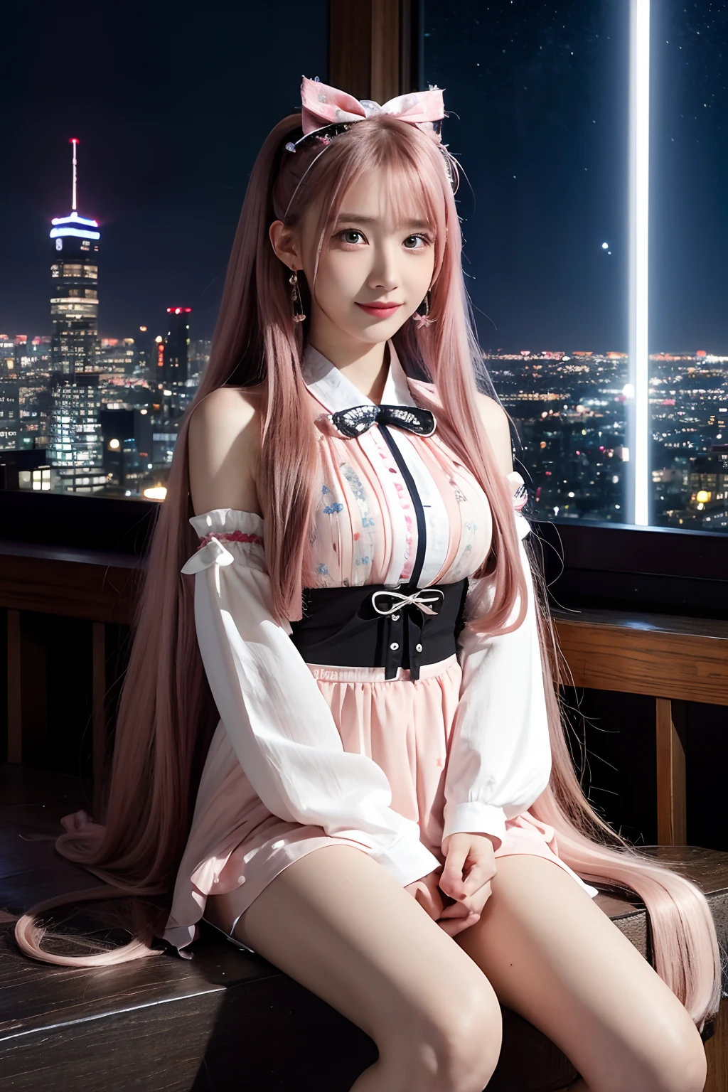 masterpiece, best quality, night, stars, cityscape, real, huge_filesize, wallpaper, colorful, girl, long hair, pink hair, drill hair, tied hair, beautiful detailed eyes, looking at viewer, seductive smile, japanese_clothes, obi, frilled socks, hair_flower, hairclip, flower ribbon, hair_bow, earrings, jewelry, bracelet,