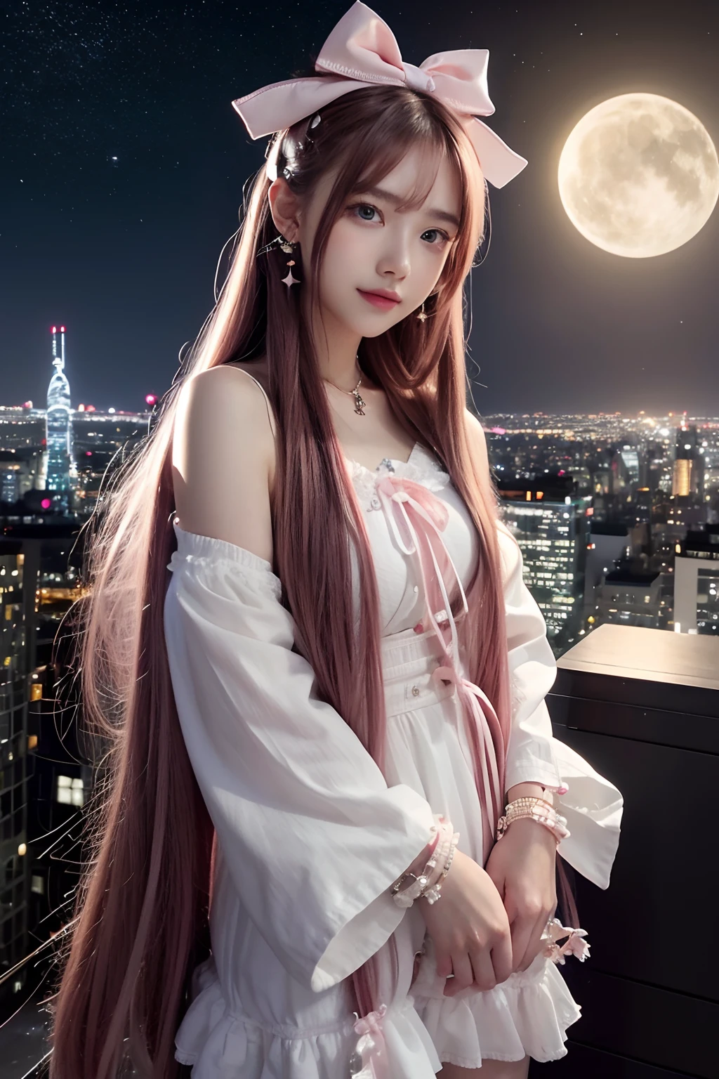 masterpiece, best quality, night, stars, cityscape, real, huge_filesize, wallpaper, colorful, girl, long hair, pink hair, drill hair, tied hair, beautiful detailed eyes, looking at viewer, seductive smile, japanese_clothes, obi, frilled socks, hair_flower, hairclip, flower ribbon, hair_bow, earrings, jewelry, bracelet,