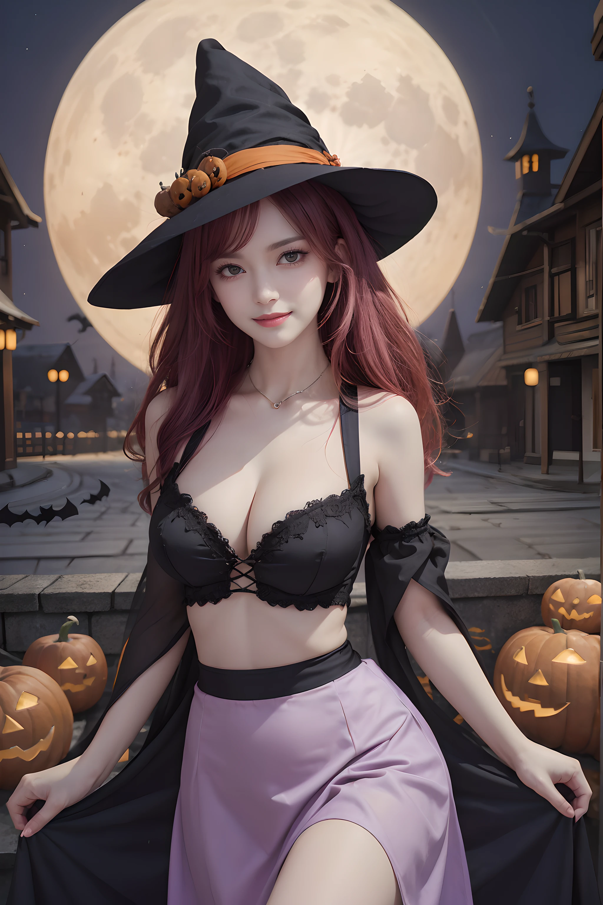 (Halloween theme:1.5), (fantasy:1.5), upper body portrait of a tall very busty beautiful women wearing halloween witch costume, skin tight full lacy ultra detailed embroidery Dirndl, (fusion of orange Dirndl and satin aodai:1.2), (purple skirt:1.3), BREAK, ((;D1.3, evil smile:1.2)), perfect face,perfect eyes,HD details,high details,sharp focus,studio photo,HD makeup,shimmery makeup,celebrity makeup,(( centered image)) (HD render)Studio portrait,magic, magical, fantasy,(huge breast)(large breast), halloween house, jack-o' challenge, pink hair, halloween background, bright pumpkin, (arms down),(arms behind),(moon light:1.3),