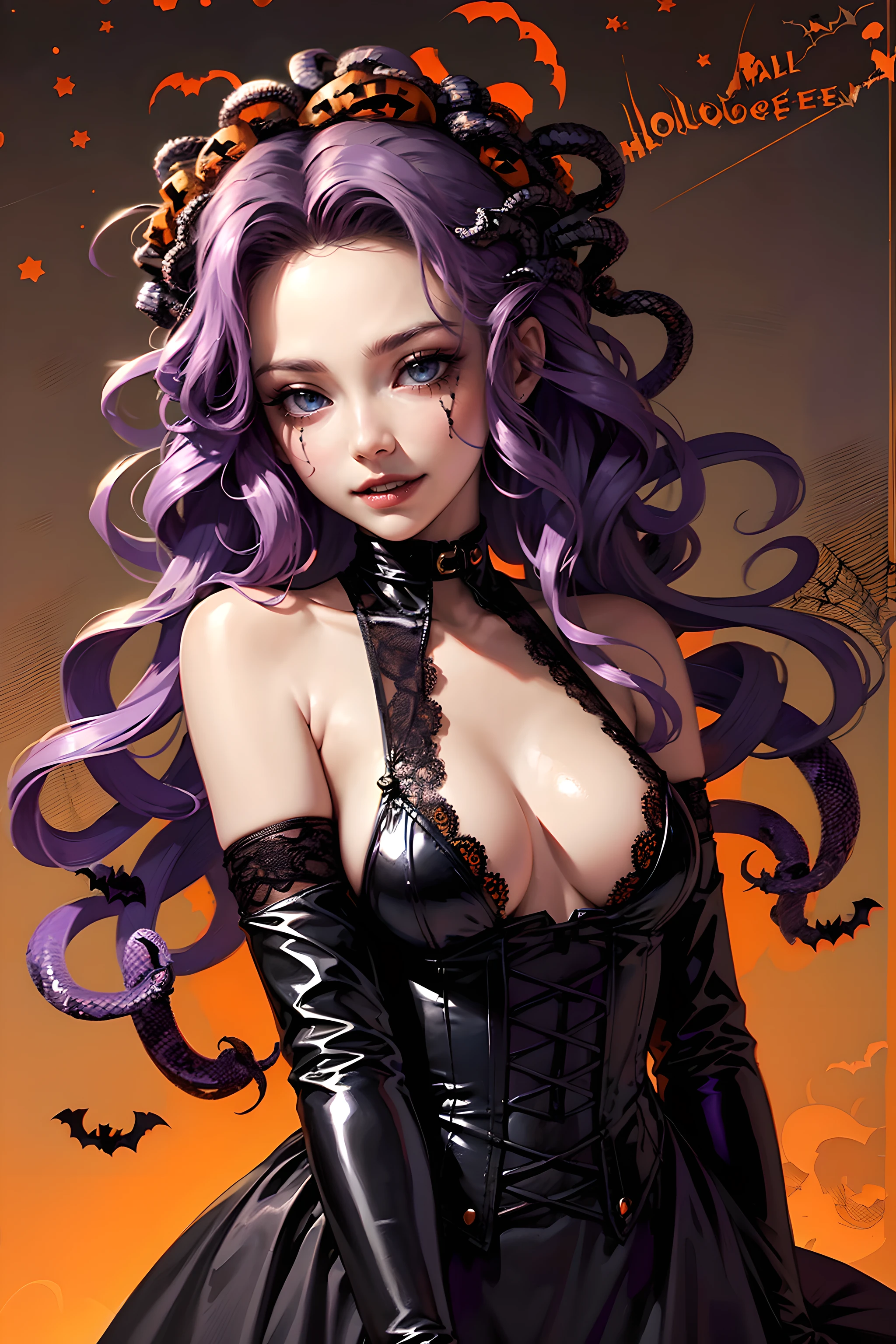 (Halloween theme:1.2), (fantasy:1.2), monster girls, long hair, snakes, gorgon, snake hair, BREAK, Beautiful illustration, top-quality, (cute Russian medusa girl, white people:1.3, Caucasian:1.3), having medusa features, (medusa:1.5), BREAK, (medusa hair:1.5), (snake hair:1.3), (hair is composed of countless small snakes:1.3), (blue eyes, pale skin:1.1), (beautiful, 20 years old:1.5), slim, slender, (small-medium breasts), clean face:1.3, BREAK, (black elegant full lacy dress), (latex corset), (black latex stockings), (knee-high-over-boots, pin-hells), (insanely detailed clothes), BREAK, arms behind back, arms up on head, blue eyess, lovely thighs、jack o'lantern, (looking straight at the viewer), (view viewer:1.3), (upper body:1.3), top angle, (((halloween background:1.5))),