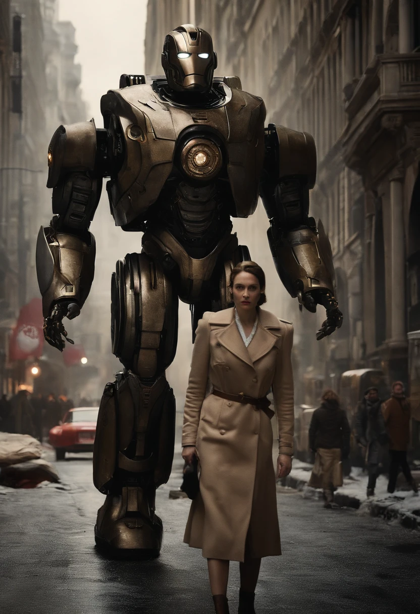 arafed robot standing in a city street with a woman walking by, by Guillermo del Toro, film still of gal gadot, symmetrical dieselpunk warrior, big titan creature in the center, by Slobodan Pejić, filmstill, victorian setting, by Agustín Fernández, rorschach, from the avengers (2012)