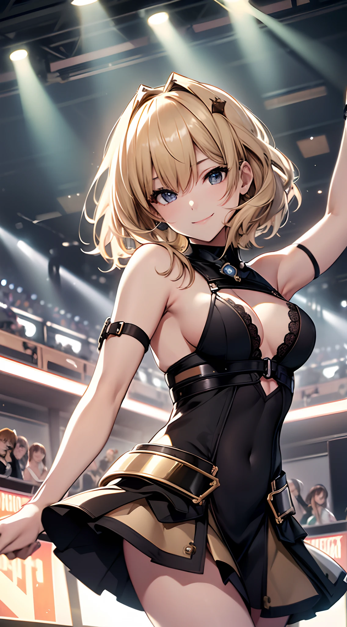 top-quality、１a person、in 8K、lineup,ultra-definition,Very dense, ((masuter piece:1.5)), ((High resolution)), ((Best Quality)), detail、Slender beautiful girl、 (A smile), (Black tight dress)、 girl with,, (a blond, a short bob)、fair white skin、((small tits、small tits))cinmatic lighting, perfectly shaded,(((Dance hall))), Realistic lighting with shades,