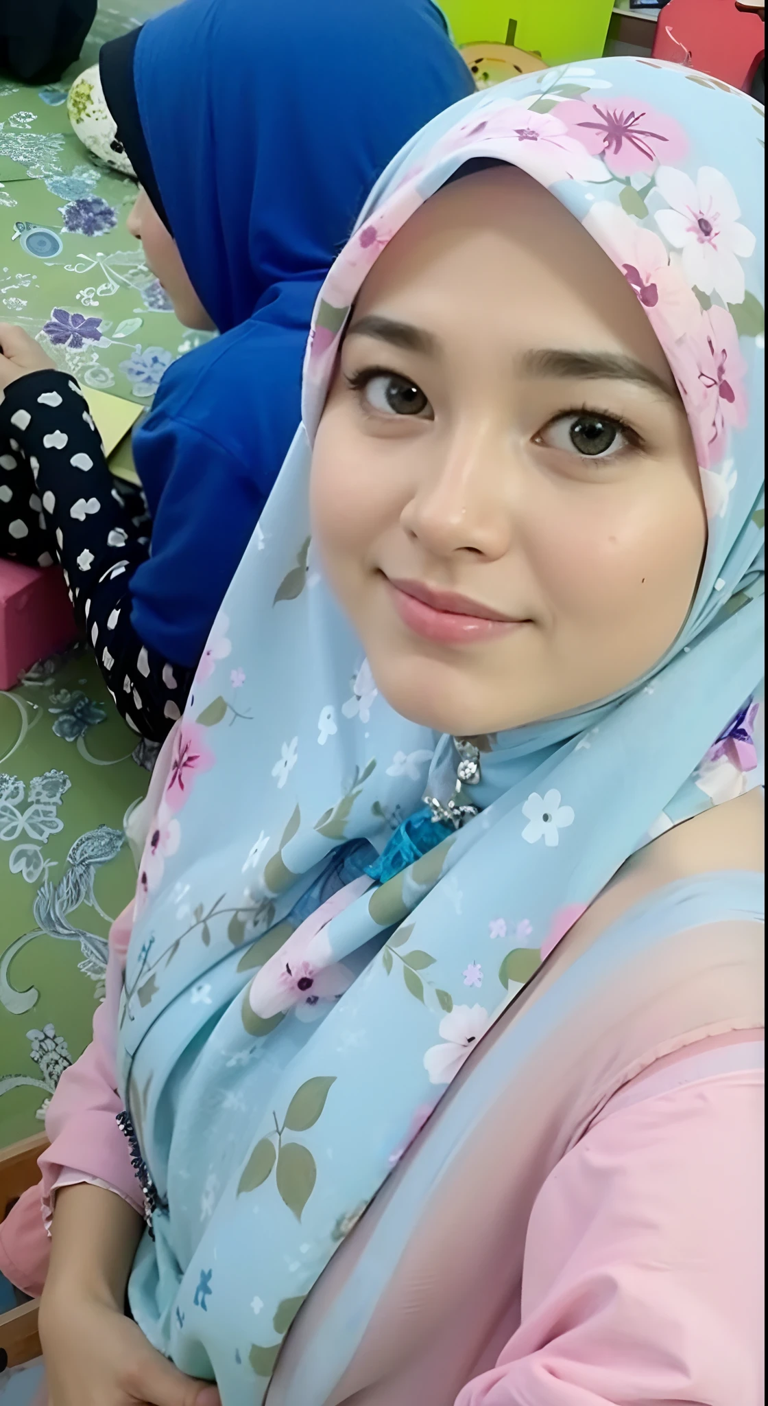 1 mature hijab woman, 24-years-old, naked, bed, sleeping while straddling, real huge breasts :96.9, real nipples,