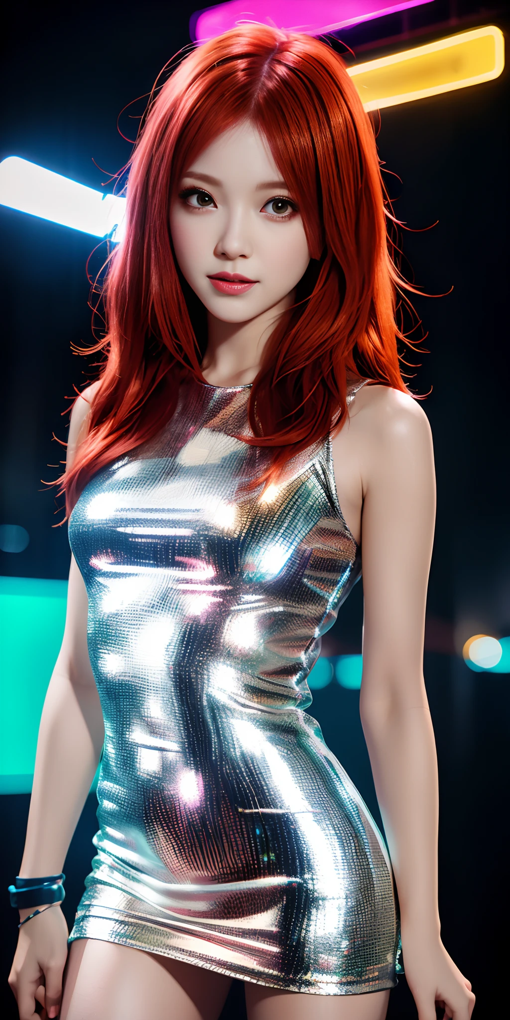 Full-body portrait, 1girl, redhead, realistic hair, chilling in a nightclub, colorful neon lights, wearing a casual cybepunk mini dress, silver aviator sunglasses, diamond surface, cool vibes, nurturing gesture, depth of field, bokeh background