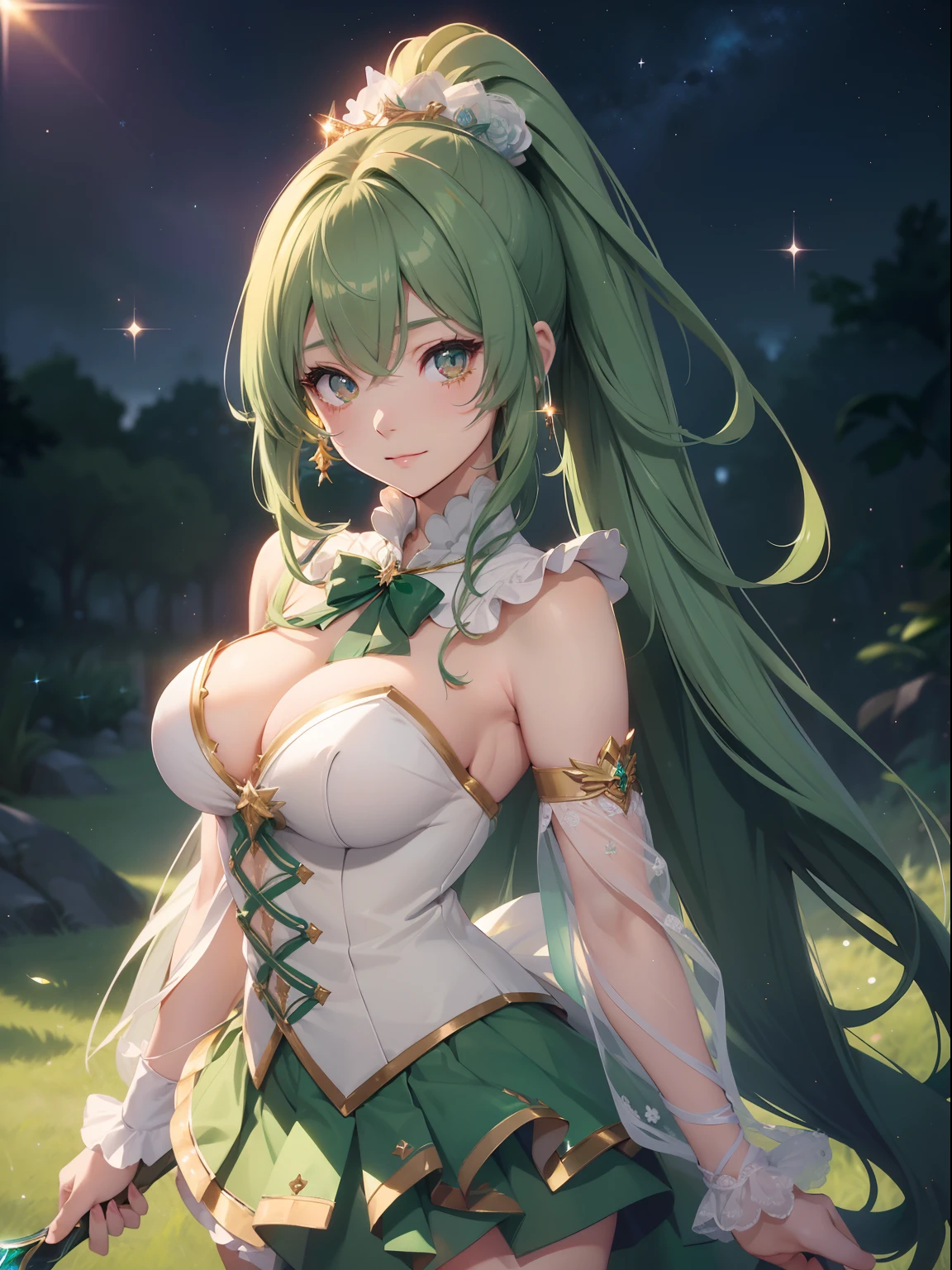 masutepiece, High resolution, 8K, anime woman, Delicate and detailed writing 、Detailed digital illustration、absurdly long hair、(((Ponytail)))、Shiny hair、a very beautiful woman、Eyes are double, Large,Little hanging eyes、 Bust E Cup、High image quality, High quality、Detailed background、、The inside of the eye shines like a diamond、(((Dark green hair)))、Gradient pupil、(((2 arms、4 fingers, 1 thumb)))、Detailed female face、a very beautiful woman、、细致背景、masterpiece、Soft Focus , Bright gradient watercolor , Lens Flare , (((Glitter))) , Glow , Dreamy ,a miniskirt、Idol、Light Green Ribbon、Very beautiful light green rose hair accessories、Light green and gold costume with white as the main color、((Macroface))、(Cool Girl).Tall lady、Dignified.((No bangs))、Eyes with blue gradient glow、Full smile、(((Night Wizard))),(((cosmic background)))、((gripping sword))、decorated long sword