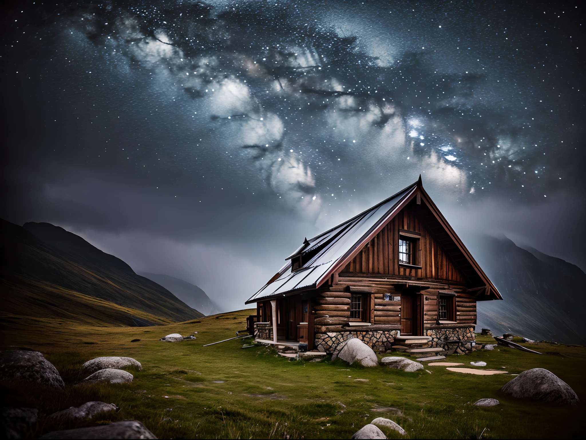 (8K, 16 K, Award-winning, Highest Quality, High resolution, Intricately detailed, Highly detailed),A mountain hut isolated by a storm, lightning, thunderstorm, night, heavy rain, rain and wind hitting the glass window, power outage, horror movie, real rain, darkness, no electricity, suspicious figure, panic thriller, movie lighting, film movie atmosphere , a recreation of a mystery novel, Misery, a lone mountain hut built in a remote area, with nothing around