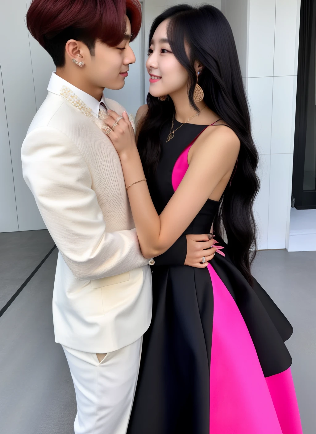 Rosie of Black Pink with a dress and a big chest and Jungkook grabs her by the waist