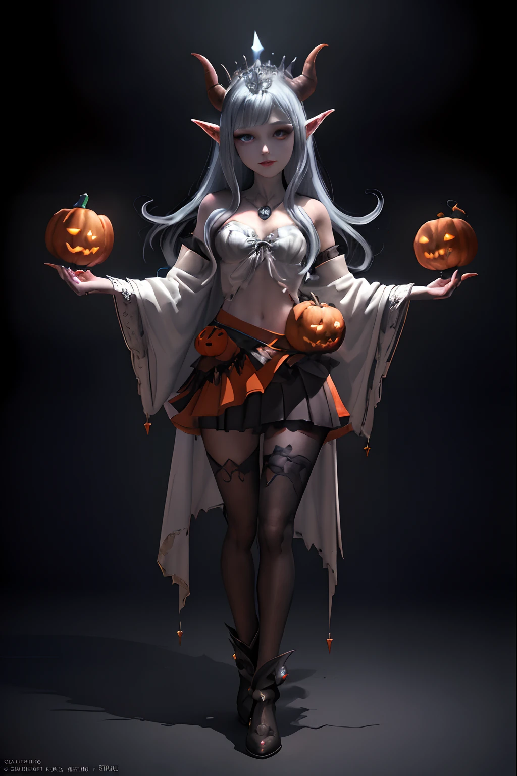 Halloween, Full body shot 、Cute Devil Beautiful Woman、Halloween Costumes,、Halloween Pumpkin、wearing white fluffy clothes,A demon queen with a very beautiful face、, wearing skirt、Ice Pendant.、Portraits of characters from Night Elf Warden World of Warcraft, A hyper-realistic, Wide Angle, Intricate details, Blade Runner artifacts, , masutepiece, Absolutely perfect, stunning images, Visually rich, Intricately detailed, Concept art, by Emsifer, Luminescent holographic, Cinematic, UHD Wallpapers, , Octane Render, Volumetric Lights, Cute pumpkin monster 3D animation in the shape of a small robot with full body, Anime Monsters