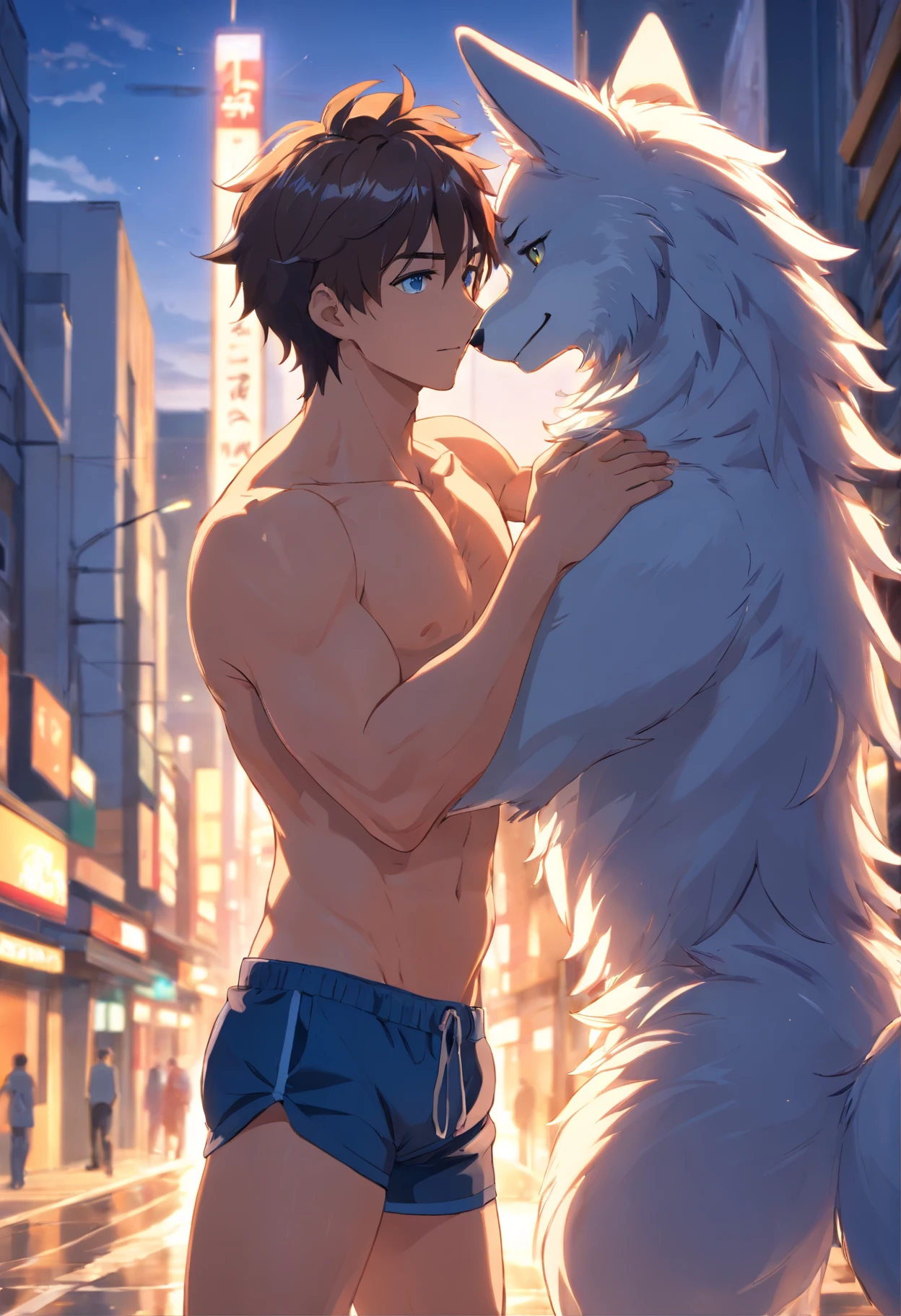 A pair of handsome young men hugged each other, looking at each other affectionately.. Look at each other with love.,High resolution 4K, bestquality, masterpiece, Perfect color, Perfect shading, perfect lighting, furry, anthro, furry art, Male wolf, Gray wolf, (Two-color feathers), The body is shaggy, Blue Eyes, (Glamorous look:1.2), fit body, Perfect male body shape, Wear men's shorts.,Abs，musculature,Fine wool, detailed face, perfect face, (Stand up), detailed background, ((Bonifasko lighting)), Wolftail, (detailed eyes), Perfect Student