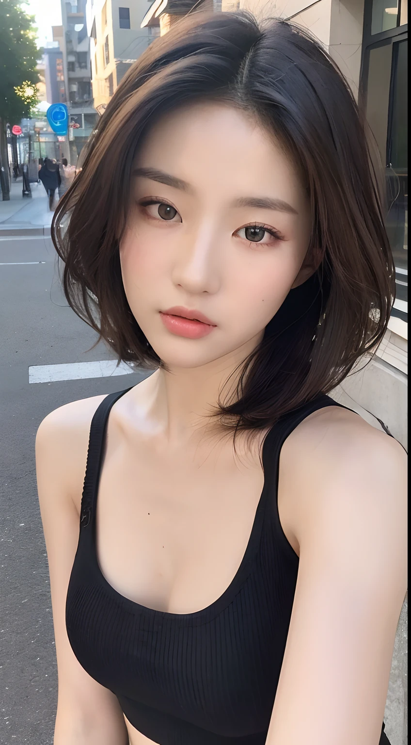 ((Realistic lighting, Best quality, 8K, Masterpiece: 1.3)), Clear focus: 1.2, 1girl, Perfect Figure: 1.4, Slim Abs: 1.1, ((Dark brown hair)), (White crop top: 1.4), (Outdoor, Night: 1.1), City streets, Super fine face, Fine eyes, Double eyelids,