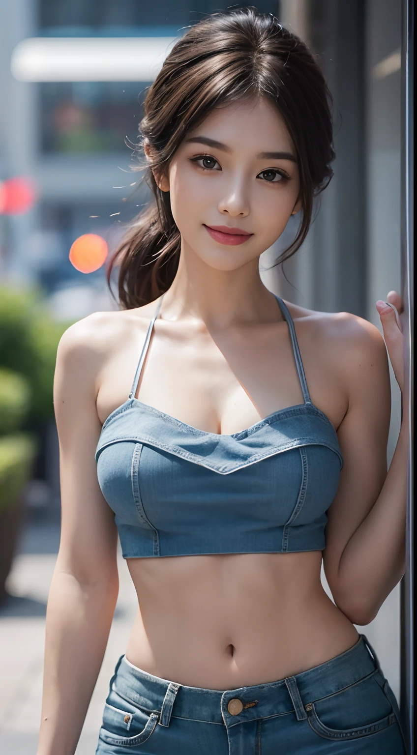 Close-up of a woman taking a photo、The most beautiful Japanese models、(8-year-old female model:1.ung、Round face、Kind Face:1.25)、Droopy eyes、double eyelid、(bangs、Black Hair、short hair、Straight hair)、No makeup、(Knitted Products、Tube top:1.5)、(Super cute idol face:1.4)、(Slim Beauty、、flat、length, thin首、Narrow shoulders、Small shoulders、thin腕、thinお腹、delicate、flat体)、Put your arms behind your back、Put your hands behind your back、(belly button、おbelly button露出:1.2)、Waistline、sexy、Modest chest、Beautiful breasts、Shining Breasts、Cleavage、(Micro Shorts:1.5)、(super short shorts:1.2)、thin、thin生地、Shorts that look like pants、Jeans Material、Distressed jeans、Low waist、Pulled down pants、Face Focus、Gazing at the audience、hot gaze、(RAW Photos、Highest quality、masterpiece、Ultra-high resolution、Ultra-high resolution、8k、Genuine)、Pose with wriggling hips、((Bend your waist))、Field、Good weather、Daytime、nature、