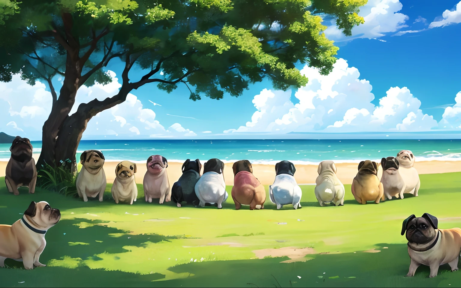 There are a lot of pugs on the sunny beach,Each one has a different character,The sky is blue, White clouds and green trees,These pugs are surrounded by a very cute pug,Take a group photo in a circle,Everyone was happy,The one in the middle is the most interesting ,HD photoreal,Square picture,