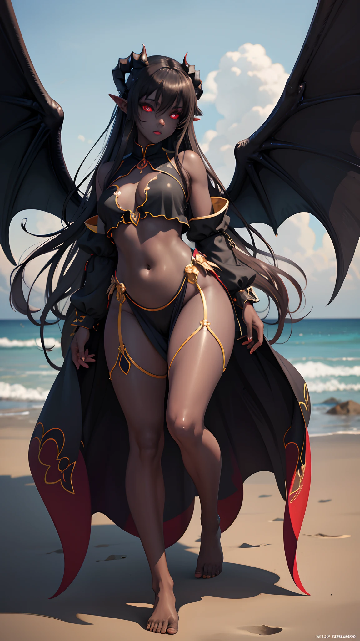 (Highly detailed:1.3), 
1girll, Solo, 
Magdemont, Wings, Tail, Light smile, Black sclera, Outdoors, beach, (Dark skin:1.2), Deep skin, Barefoot, marron marron, skin indentation, vests, 
hyper-detailing, (A high resolution:1.1), Best quality, (Masterpiece:1.3), Cinematic lighting,