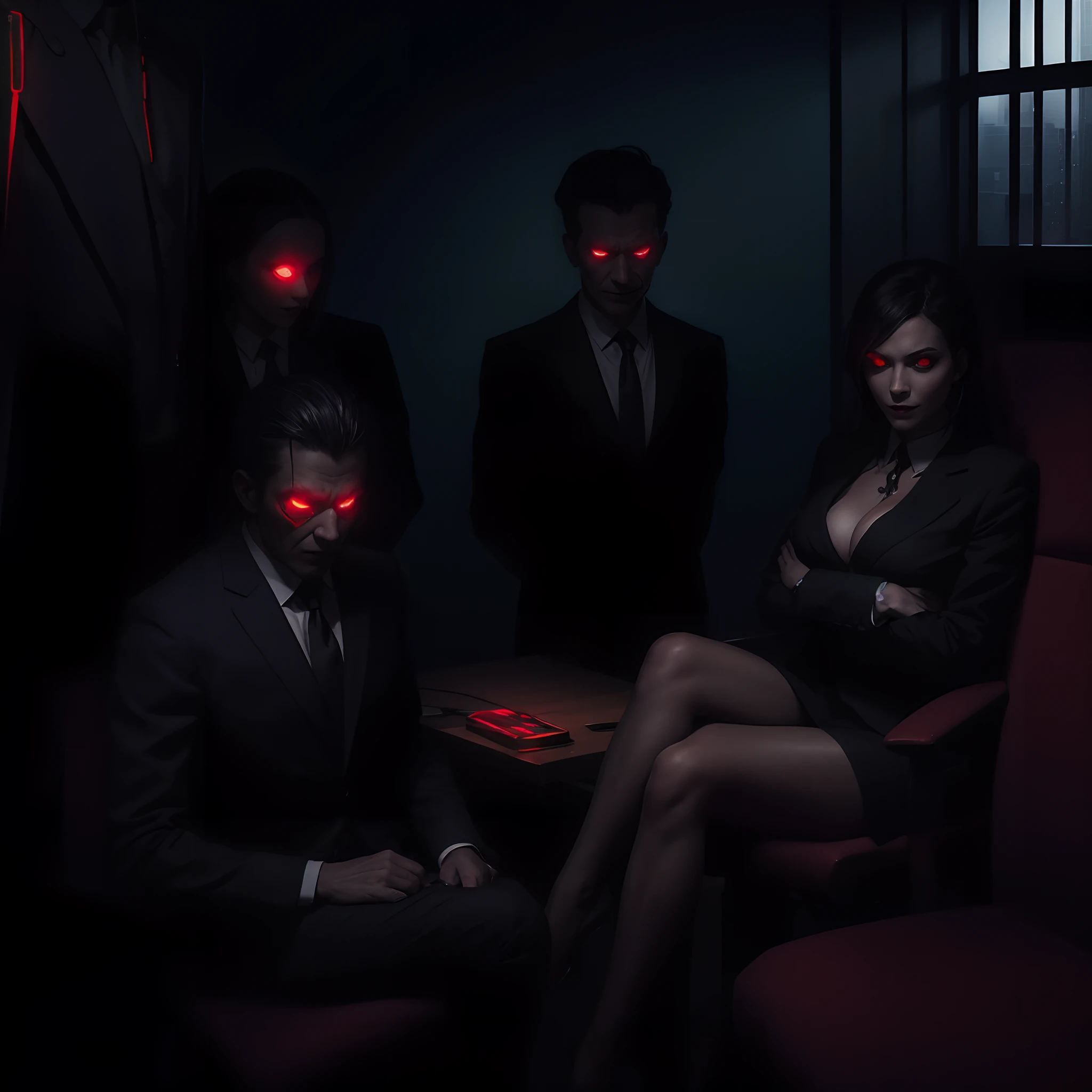 A dominant ceo couple in corporate suit, cleavage, red eyes, evil smile, legs crossed seductively, the couple are sitting on a corporate chair, 4 men in suit standing guard around her, looking at the camera, red glowing eyes, horror, dark theme, striking image, dark and ominous setting, the embodiment of corporate power, commanding presence, exuding an aura of dominance and ruthlessness, piercing red evil eyes, oppression, malevolence. Use a dark and foreboding color palette to enhance the sinister atmosphere, corporate office setting, high rise office, day time, glass window