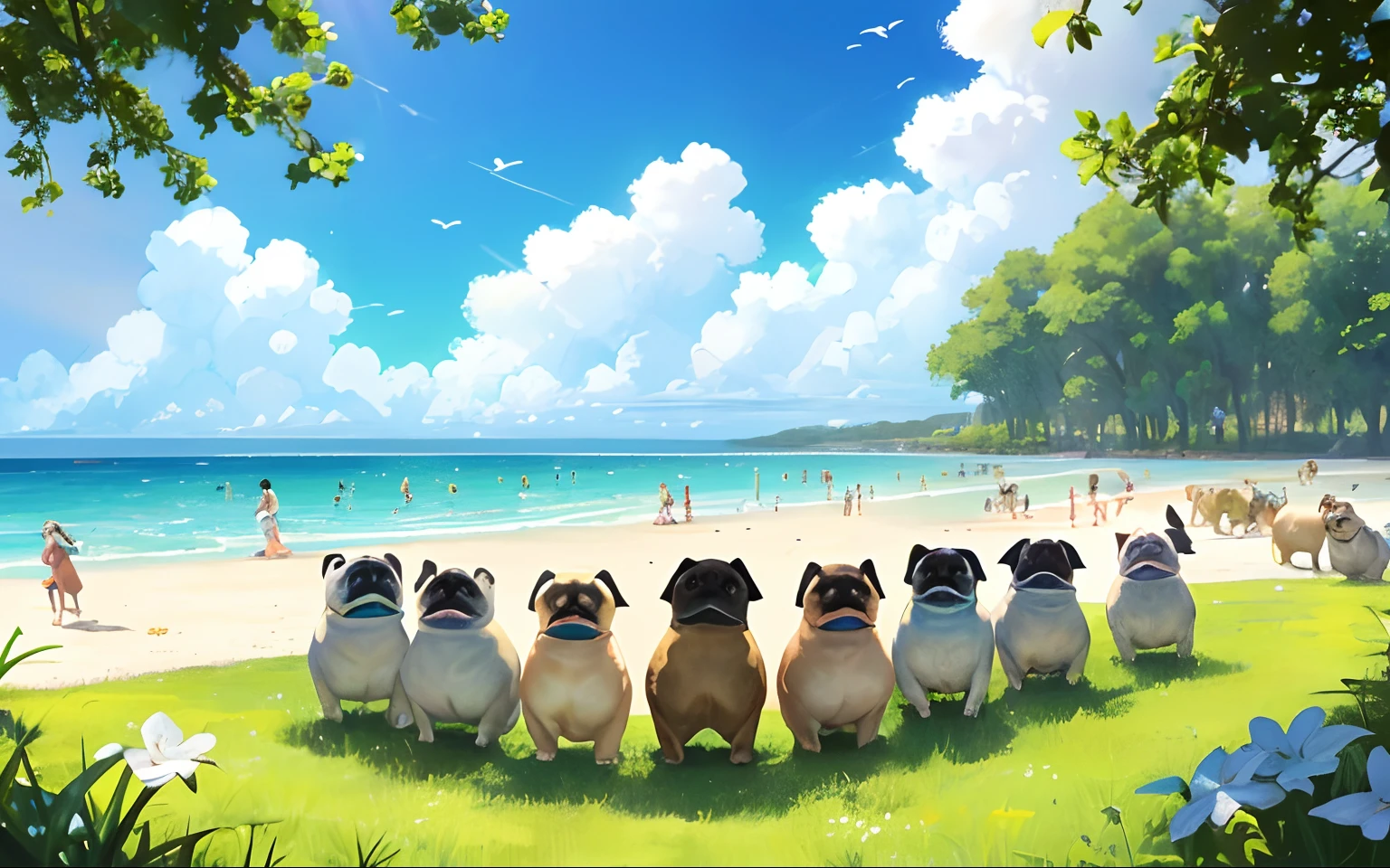 There are a lot of pugs on the sunny beach,Each one has a different character,The sky is blue, White clouds and green trees,These pugs are surrounded by a very cute pug,Take a group photo in a circle,Everyone was happy,The one in the middle is the most interesting ,HD photoreal,Square picture,
