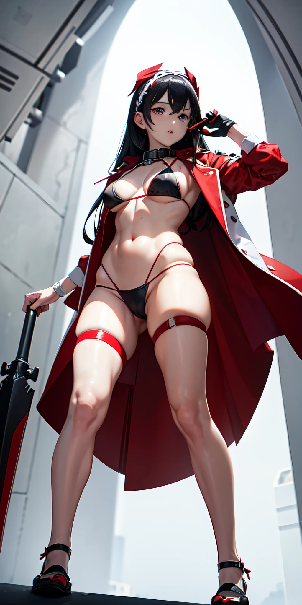 random full body the 4 cardinal points view, masterpiece, Lucia_Crimson_Weave, heterochromia, black bikini, bandaged arm, white jacket, red goggles around neck, looking at viewer, upper body, ((view from below)), nsfw