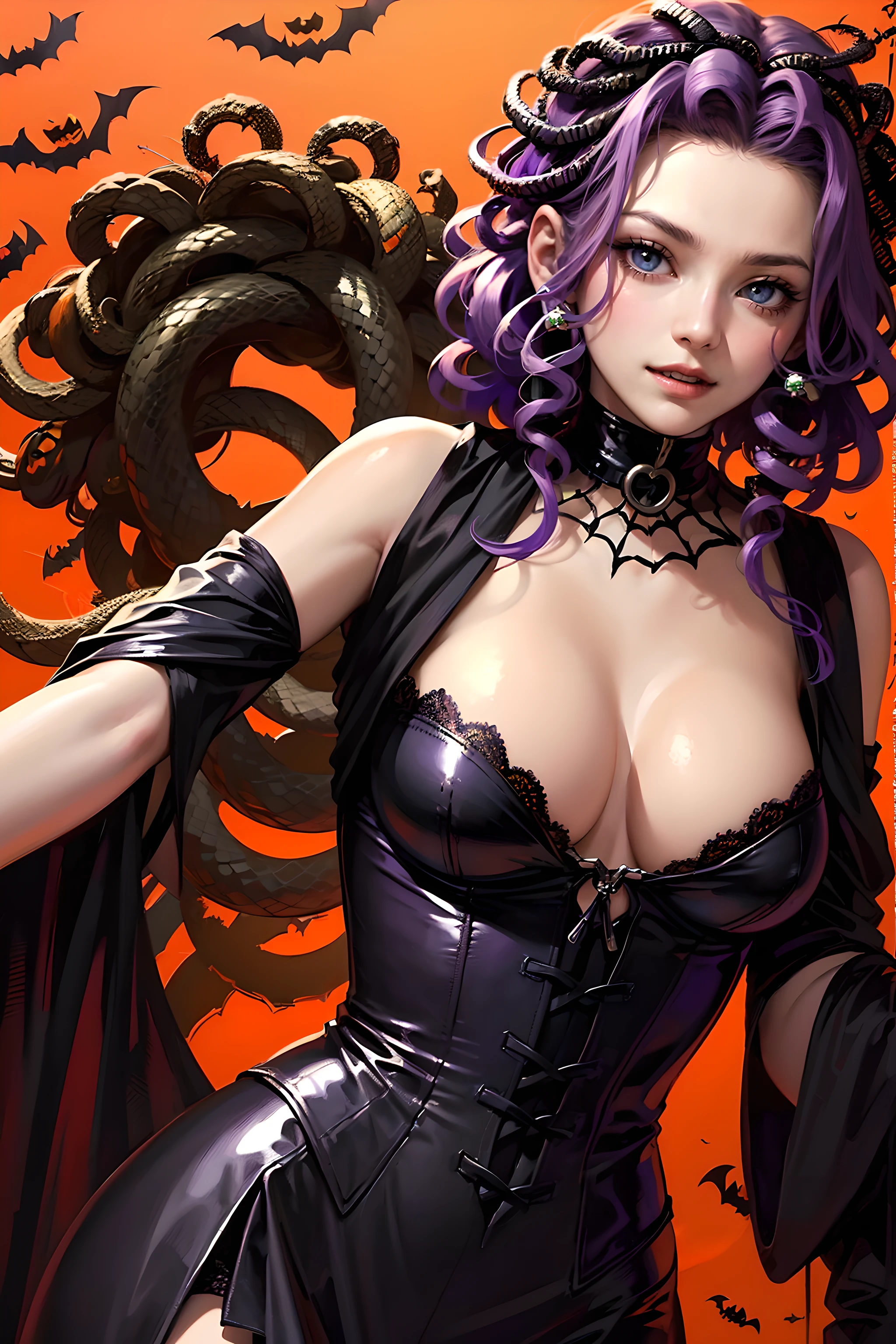 (Halloween theme:1.2), (fantasy:1.2), monster girls, long hair, snakes, gorgon, snake hair, BREAK, Beautiful illustration, top-quality, (cute Russian medusa girl, white people:1.3, Caucasian:1.3), having medusa features, (medusa:1.5), BREAK, (medusa hair:1.5), (snake hair:1.3), (hair is composed of countless small snakes:1.3), (blue eyes, pale skin:1.1), (beautiful, 20 years old:1.5), slim, slender, (small-medium breasts), clean face:1.3, BREAK, (black elegant full lacy dress), (latex corset), (black latex stockings), (knee-high-over-boots, pin-hells), (insanely detailed clothes), BREAK, arms behind back, arms up on head, blue eyess, lovely thighs、jack o'lantern, (looking straight at the viewer), (view viewer:1.3), (upper body:1.3), top angle, (((halloween background:1.5))),