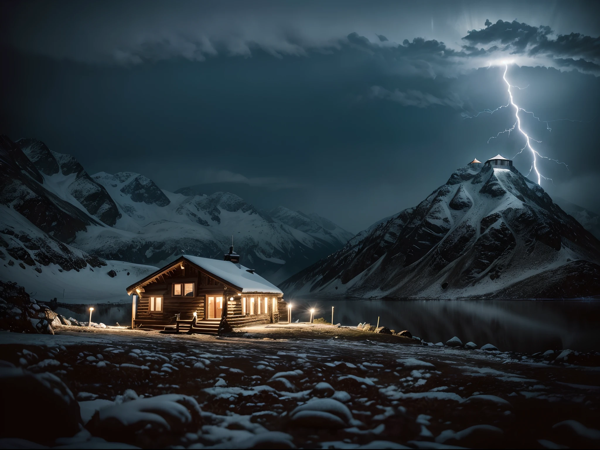 (8K, 16 K, Award-winning, Highest Quality, High resolution, Intricately detailed, Highly detailed),Mountain hut isolated by a storm, Lightning, thunderstorm, Night, Heavy rain, Rain and wind hitting the glass window, Blackout, Horror movie, Real rain, darkness, No electricity, Suspicious person, Panic Thriller, Movie Lighting, Movies Cinematic atmosphere , Reenactment of a mystery novel, Misery, A lonely mountain hut in a remote area, Nothing around, Only the light of lightning