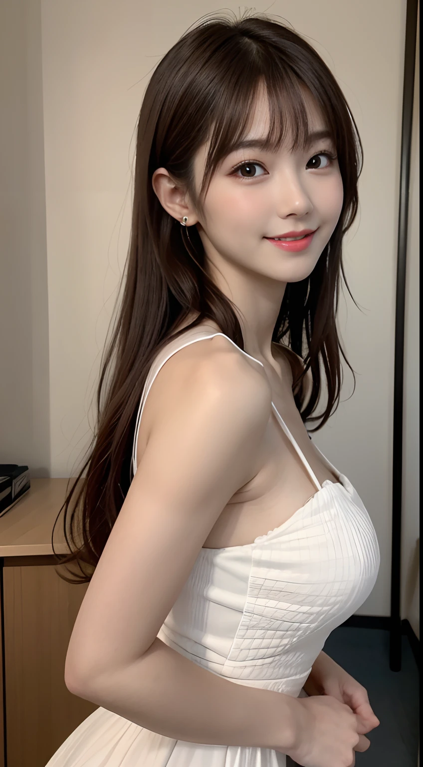 White see-through blouse,Face Interview, (Photo Real:1.4), (hyper realisitic:1.4), (realisitic:1.3), (Smooth lighting:1.05), (Improve video lighting quality:0.9), 1womanl, a 20 yo woman, Realistic lighting, Back lighting, Facial light, raytrace, (cheerfulness:1.2), (Improved image quality:1.4), (Finest Real Textured Skins), finely eye, a small face, Red cheeks, skinny body, medium-breasted pointed jaws,,,,,, Korean Idol, Nogizaka Idol, glowy skin, hposing Gravure Idol, P, Blunt bangs, light brown hair, hair behind ear, hair over shoulder, Long hair,Tear bag，Summer plateau、White dress、