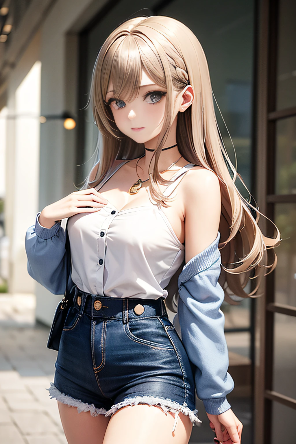 Highly detailed digital illustration of a modern anime-inspired female character with a sophisticated fashion sense. This character is、She boasts wavy light brown hair that flows gracefully down her shoulders, Adorned with delicate gray-haired accessories. Her eyes are captivating, Show off a gradient of shades of blue, Eta、Carry a hint of charm and curiosity. Her outfits are chic and casual: She wears a white off-the-shoulder cropped top, Show subtle midriffs, Stylish dark blue denim mini skirt with vintage button design, Revealing clothing that reveals the chest. As an accent, She has a sleek, Dark-colored handbag in left hand. The overall appearance is、It exudes a blend of youth and modern fashion with a playful touch."