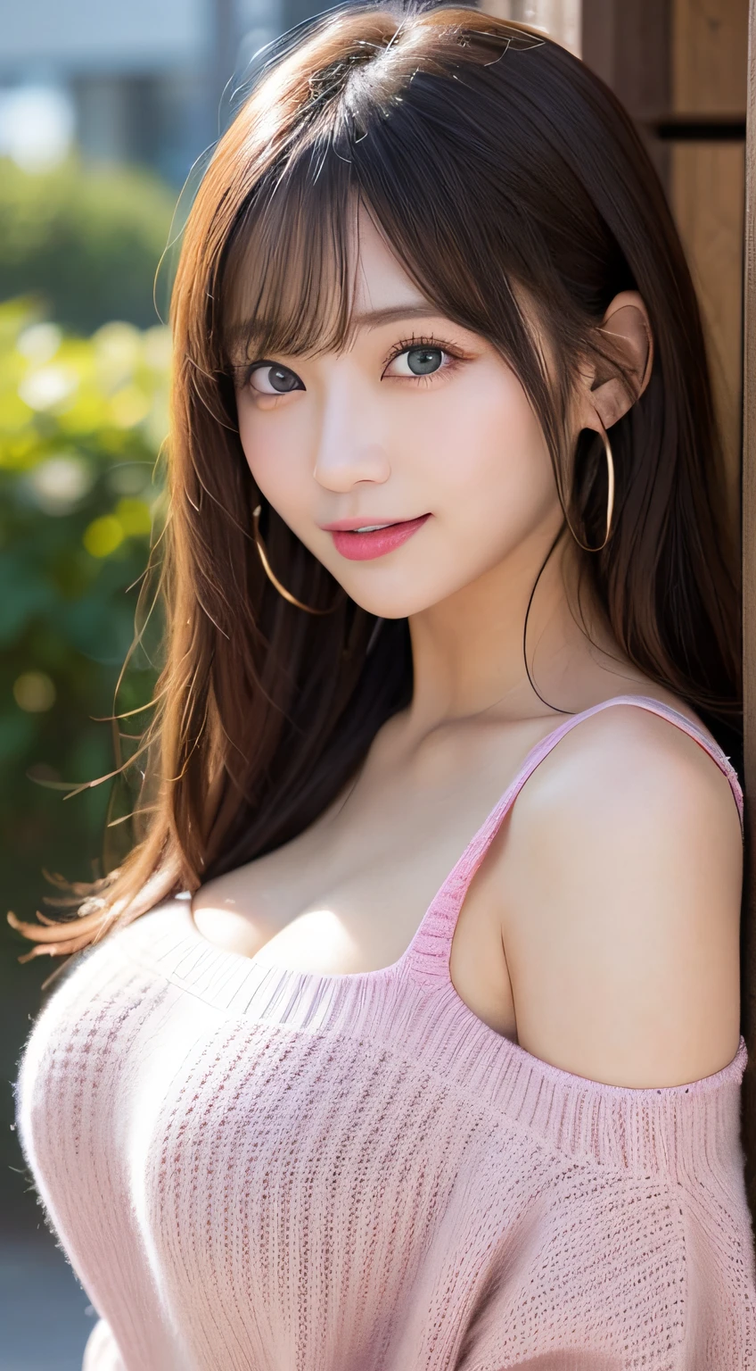 masutepiece, Best Quality, Photorealsitic, finely detail, hight resolution, 8K Wallpapers, Perfect dynamic composition, Beautiful detailed eyes, Medium Hair, Tied hair、large full breasts, Random and sexy poses,Bring your chest together、(Tight pink see-through knitwear)、(Breast bulge 1.3)、A smile、open open mouth、The tip of the tongue is visible、(Licking Tongue 1.5)、Beautiful resort scenery、25-years old、(Drooping eyes 1.4)、Adult beauty、japanes、Staring at the person taking the photo